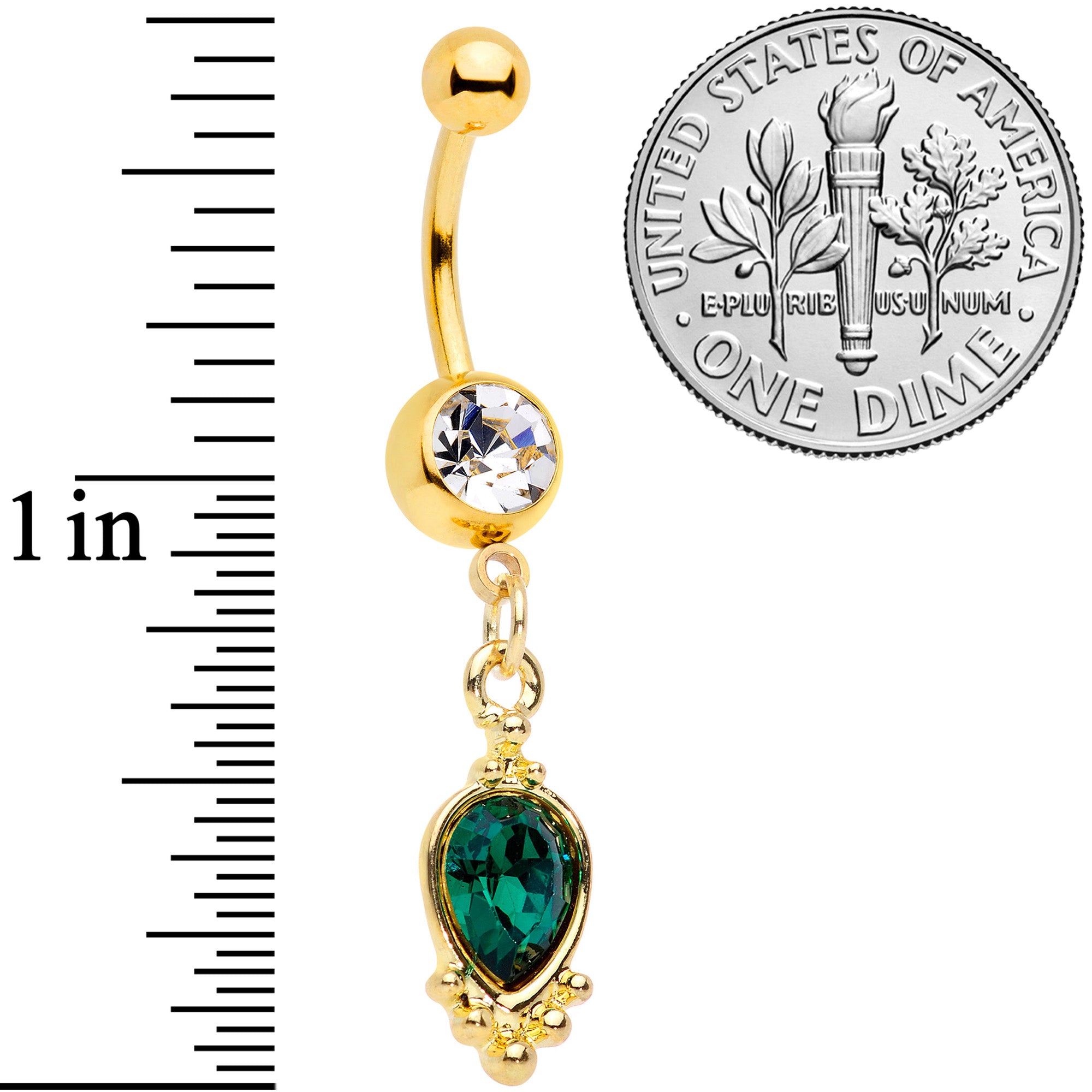 Clear Green Gem Gold Tone Christmas Dangle Belly Ring