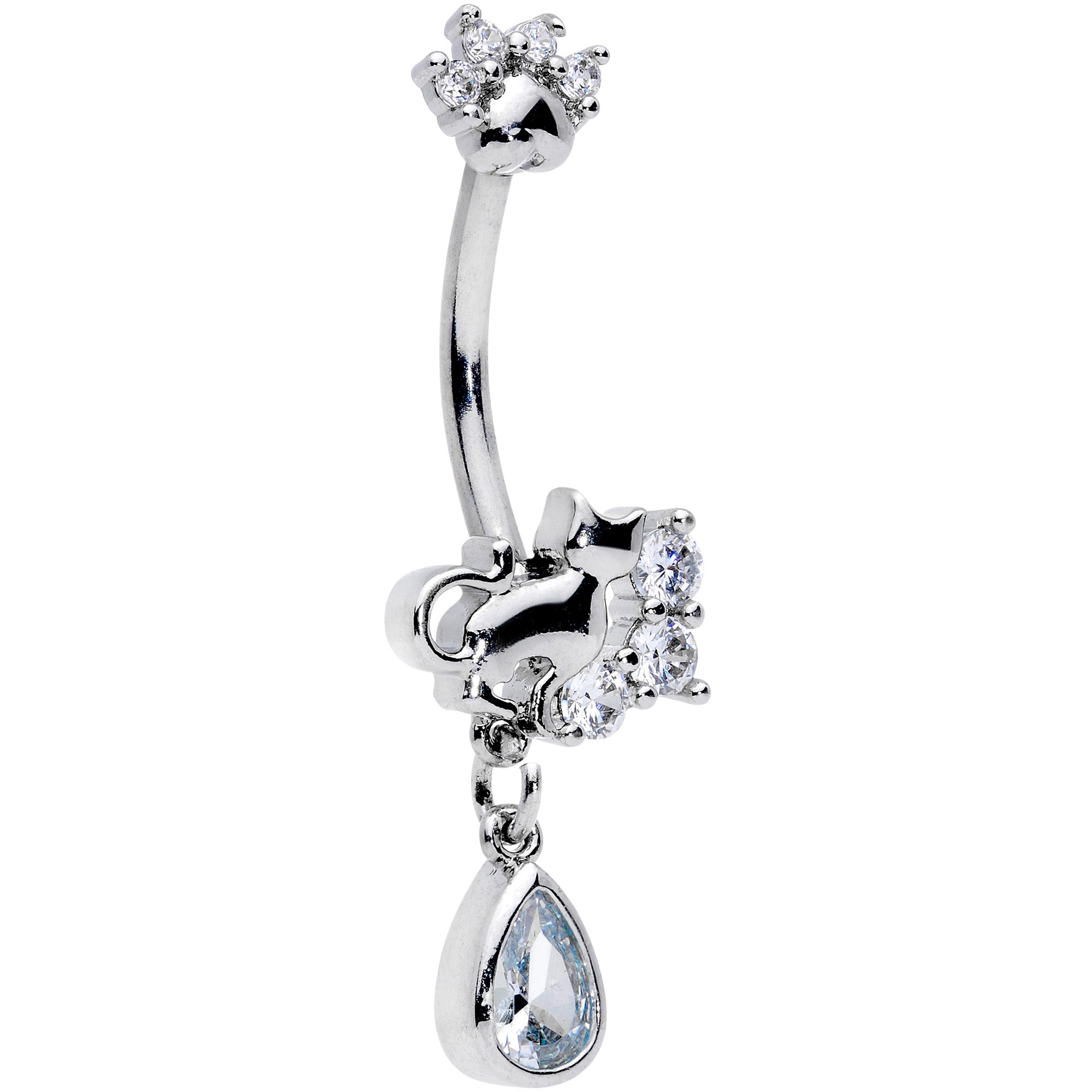 Clear CZ Gem Paw Print Cat Dangle Belly Ring