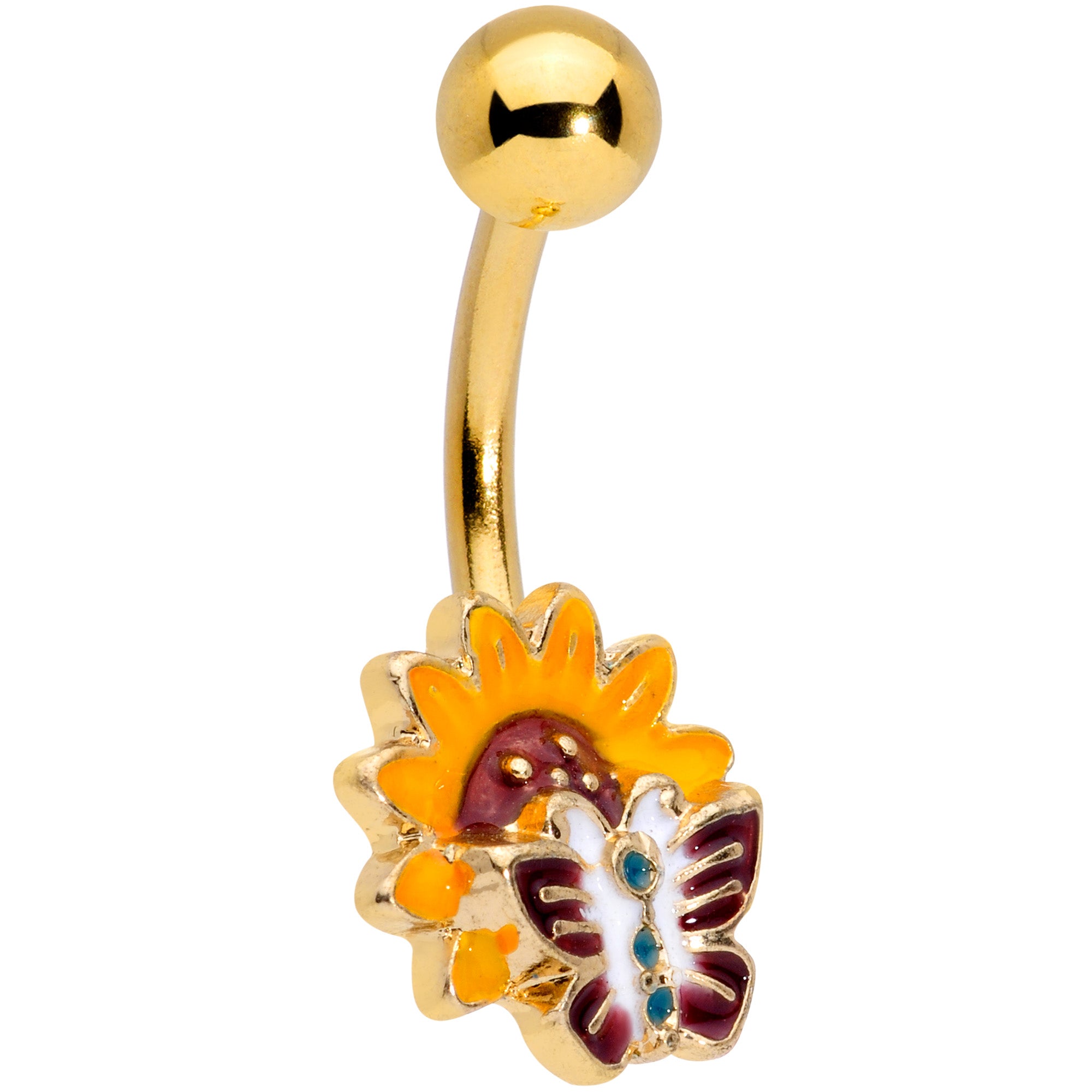 Gold Tone Red Yellow Butterfly Belly Ring