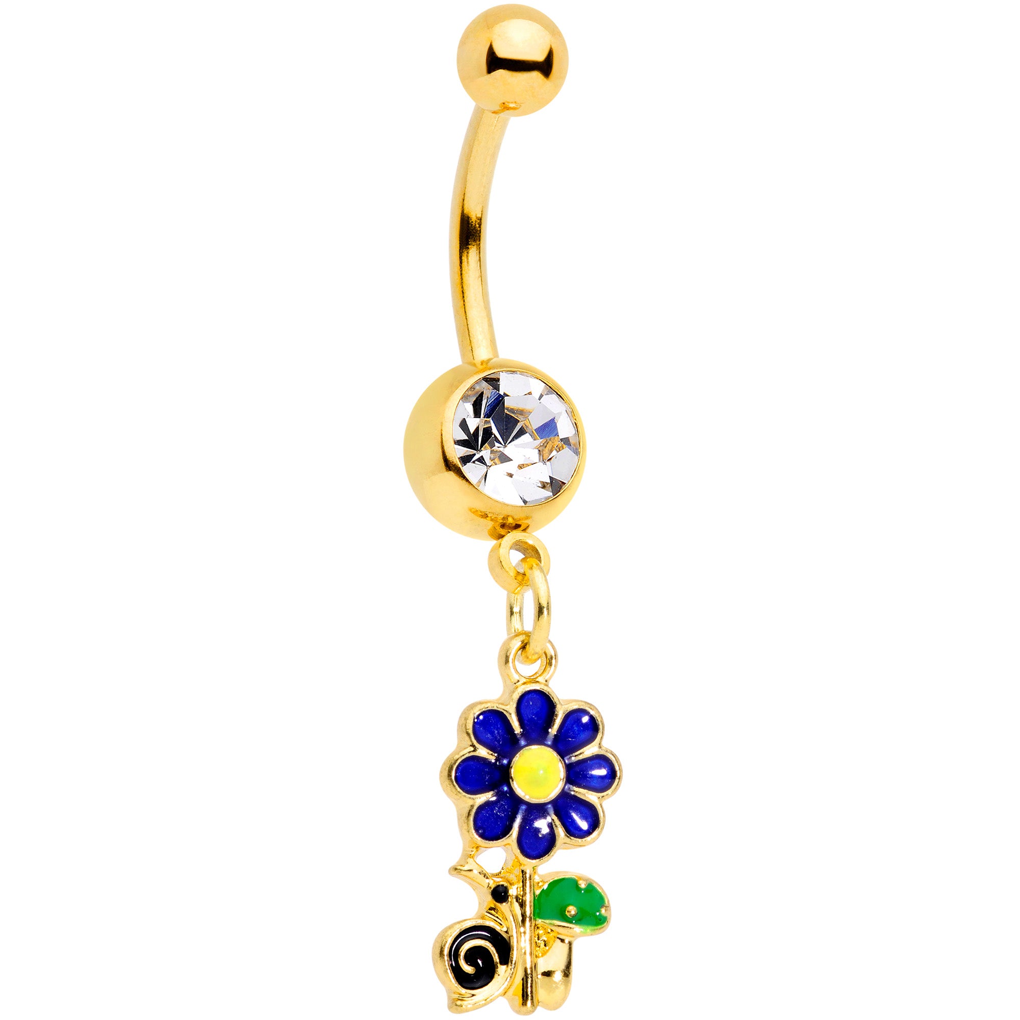 Clear Gem Gold Tone Blue Green Snail Flower Dangle Belly Ring