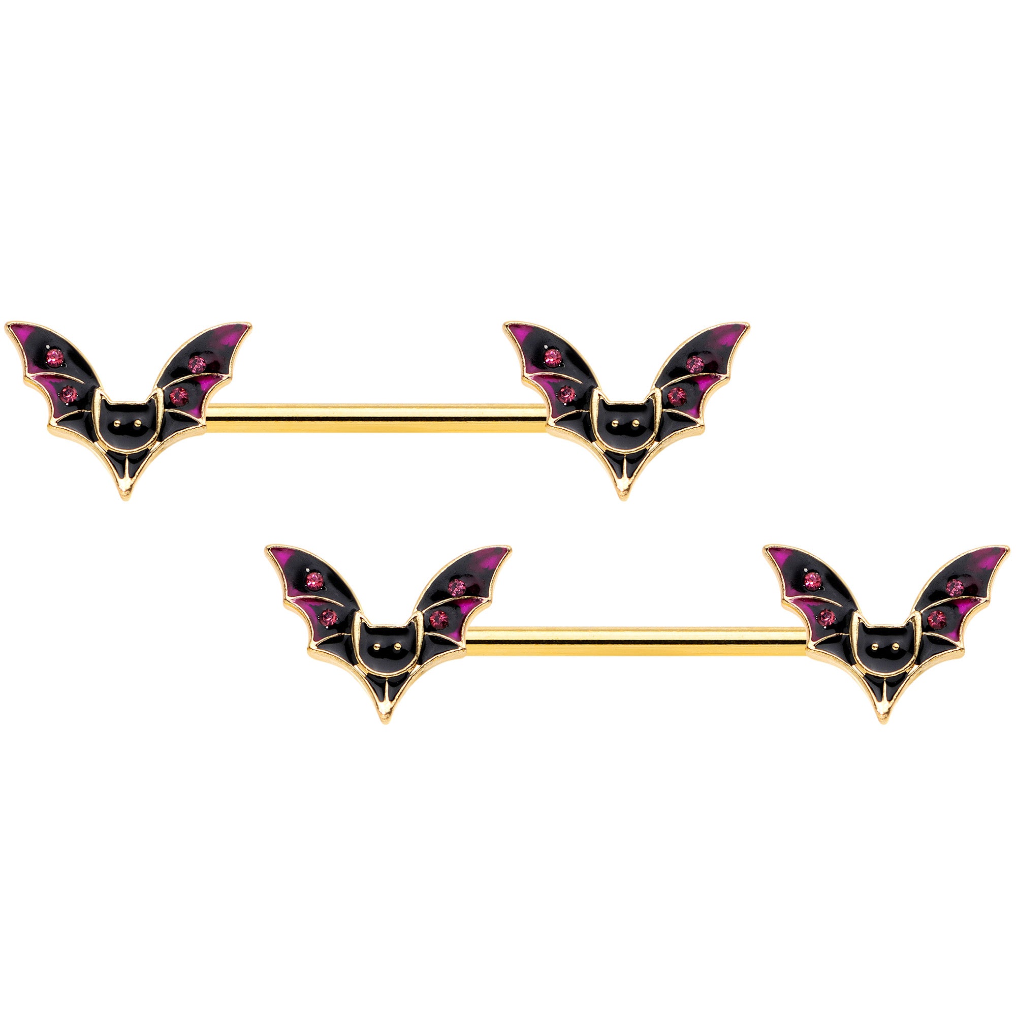 14 Gauge 9/16 Pink Gem Gold Tone Bat Halloween Barbell Nipple Ring Set