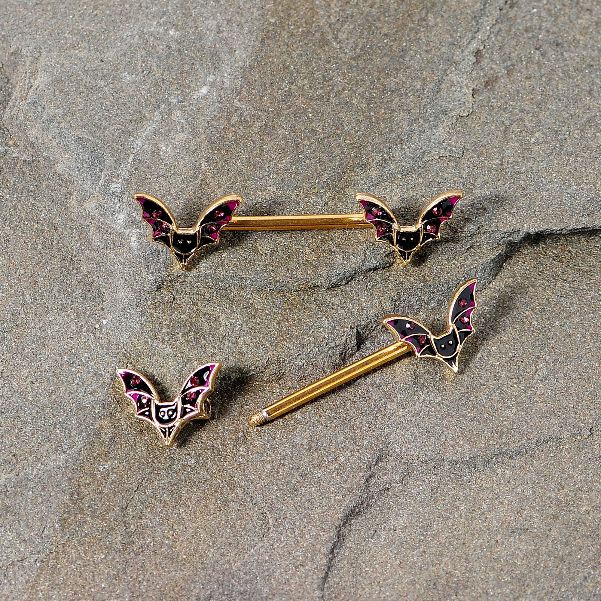 14 Gauge 9/16 Pink Gem Gold Tone Bat Halloween Barbell Nipple Ring Set