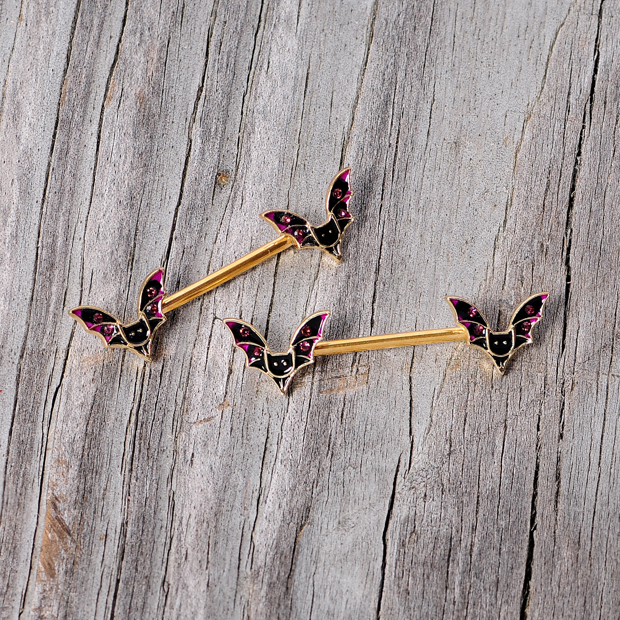 14 Gauge 9/16 Pink Gem Gold Tone Bat Halloween Barbell Nipple Ring Set