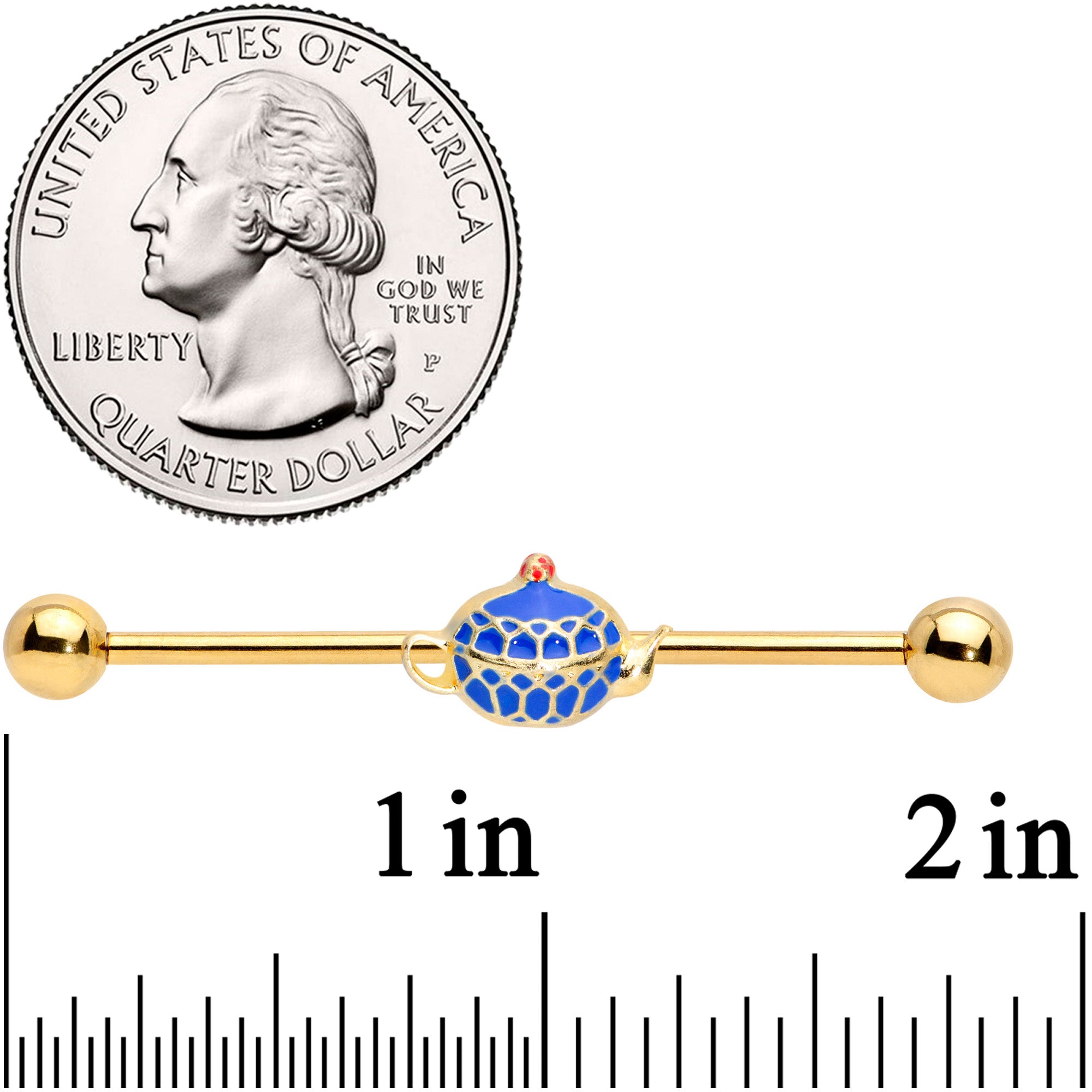 14 Gauge Gold Tone Blue Teapot Industrial Barbell 38mm