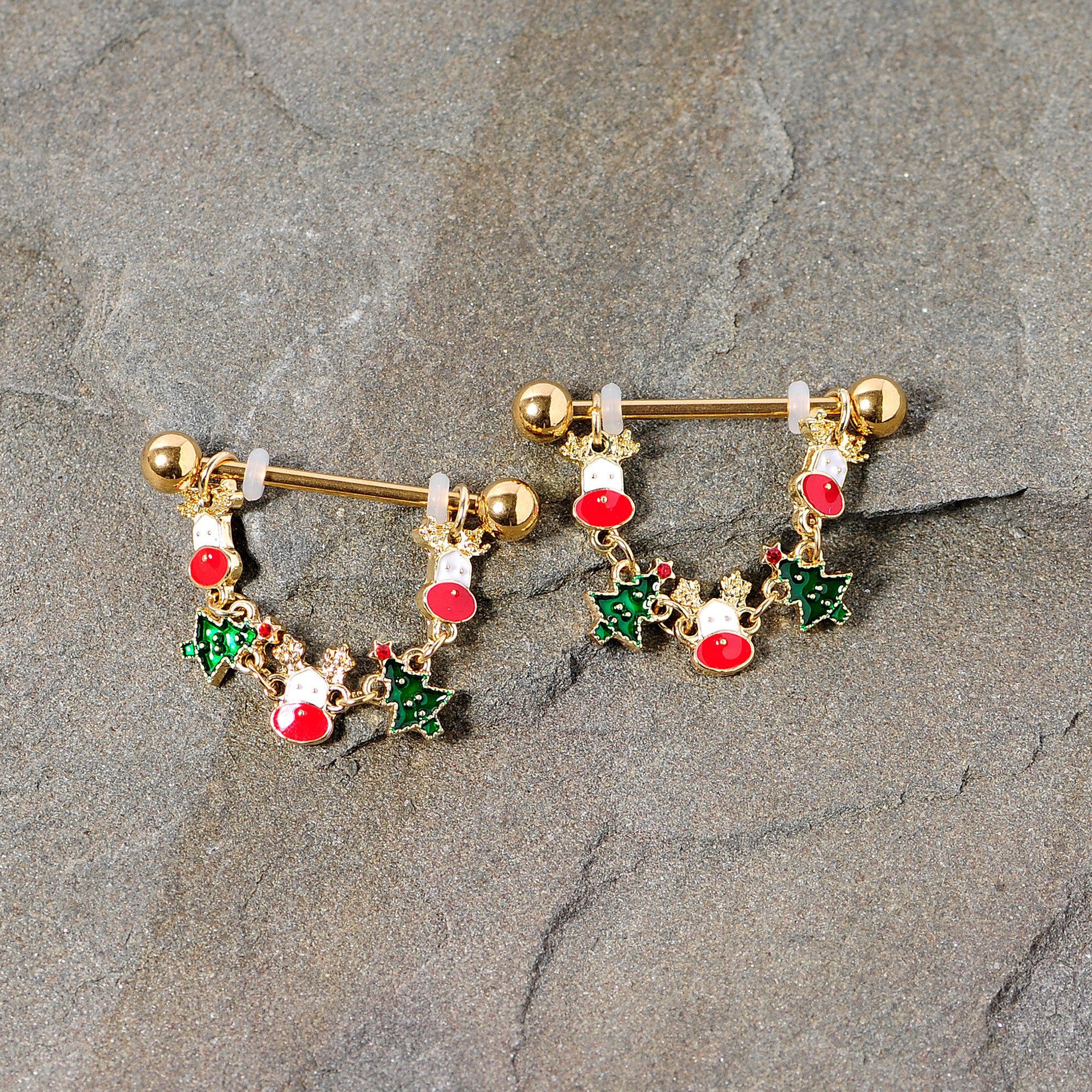 14 Gauge 9/16 Gold Tone Reindeer Christmas Tree Dangle Nipple Ring Set