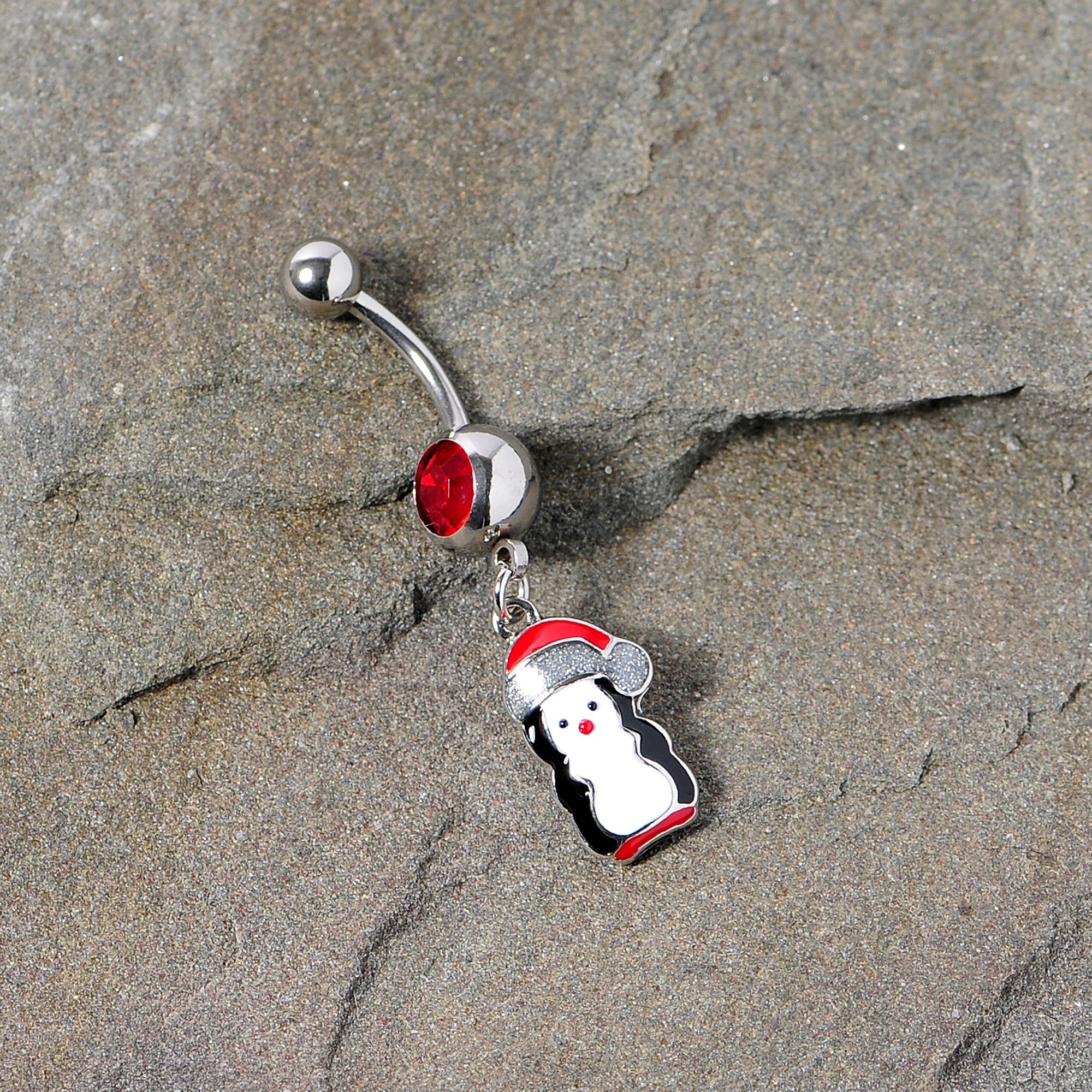 Red Gem Holiday Penguin Christmas Dangle Belly Ring