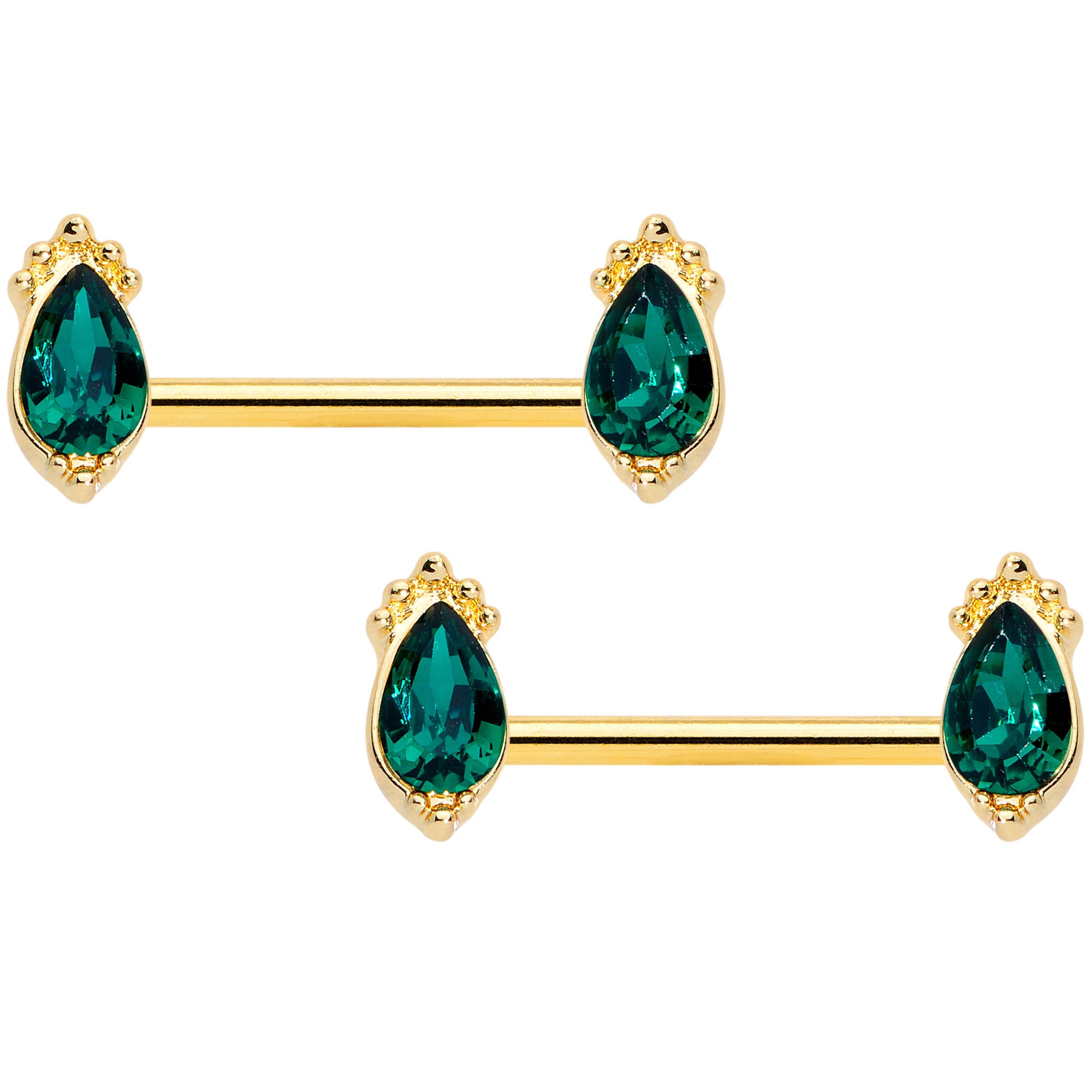 14 Gauge 9/16 Green Gem Gold Tone Drop Barbell Nipple Ring Set