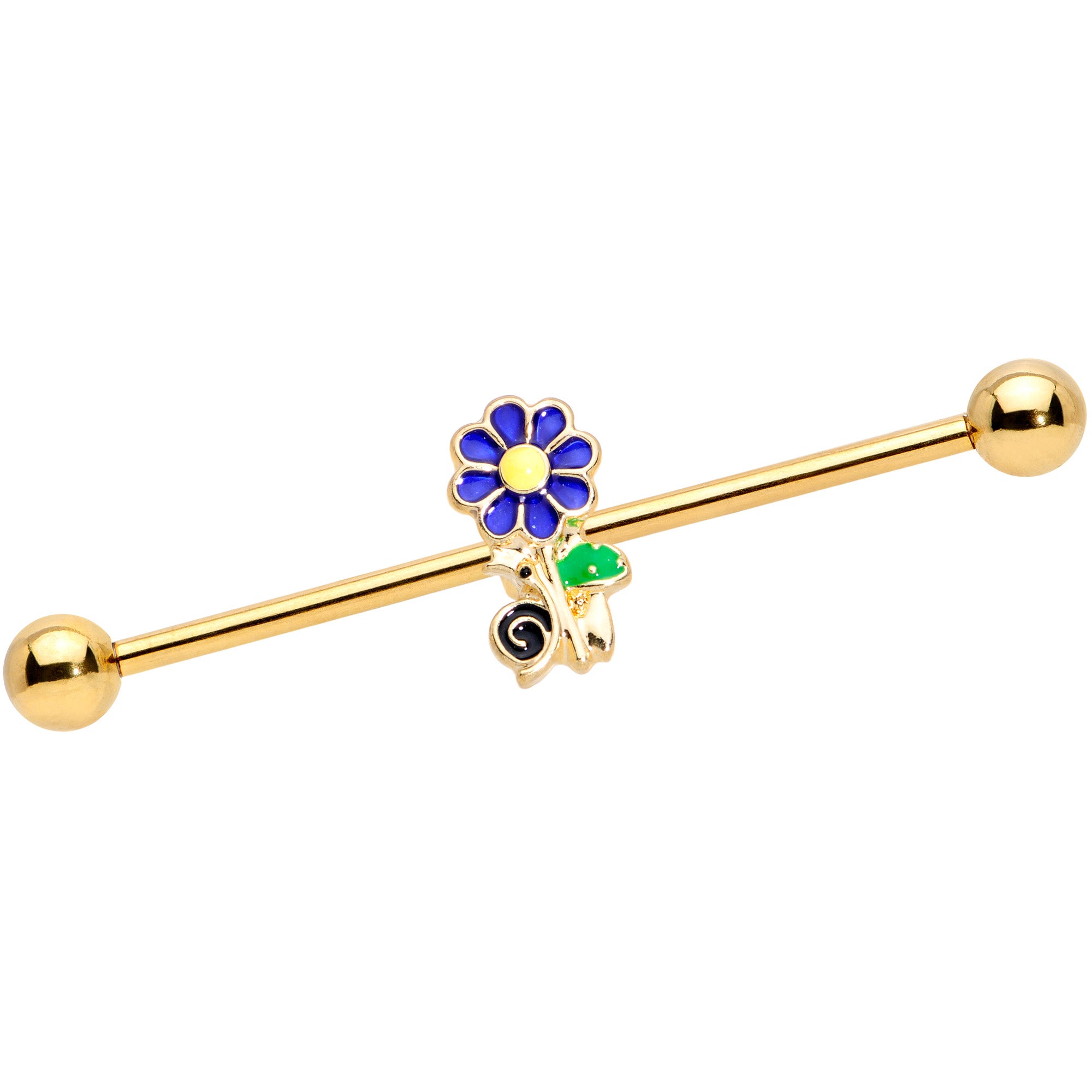 14 Gauge Gold Tone Blue Green Snail Flower Industrial Barbell 38mm