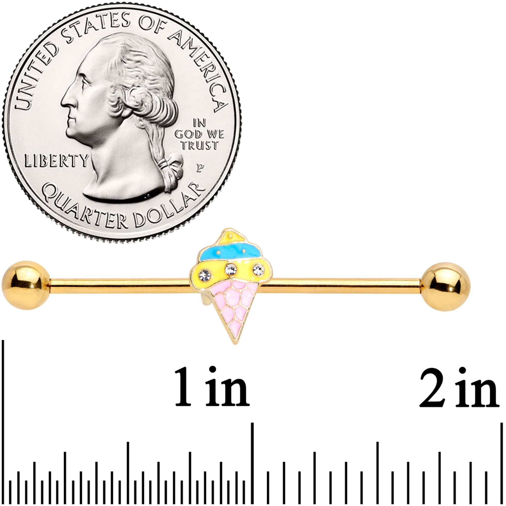 14 Gauge Clear Gem Gold Tone Ice Cream Cone Industrial Barbell 38mm