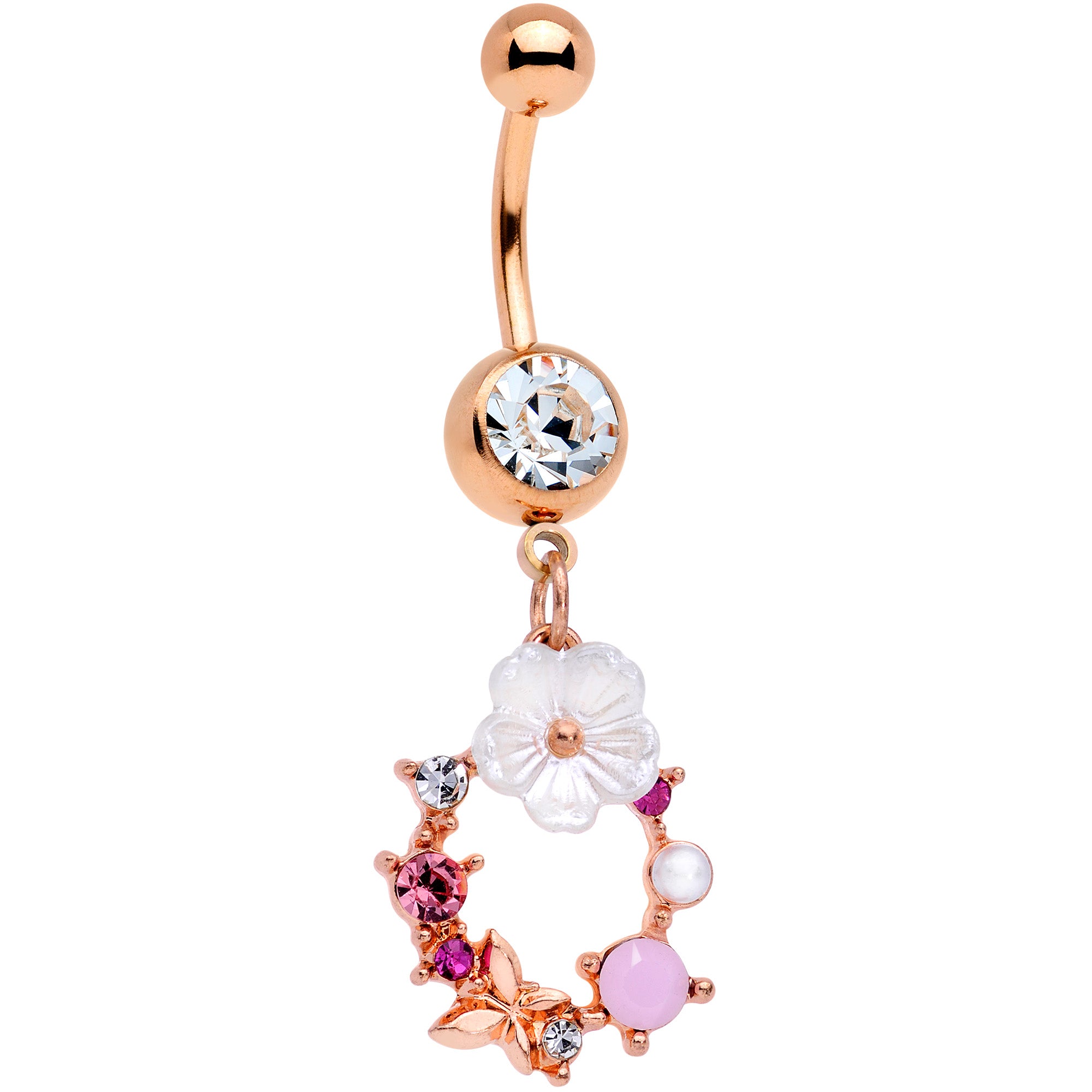 Clear Pink Gem Rose Gold Tone Wreath Flower Dangle Belly Ring