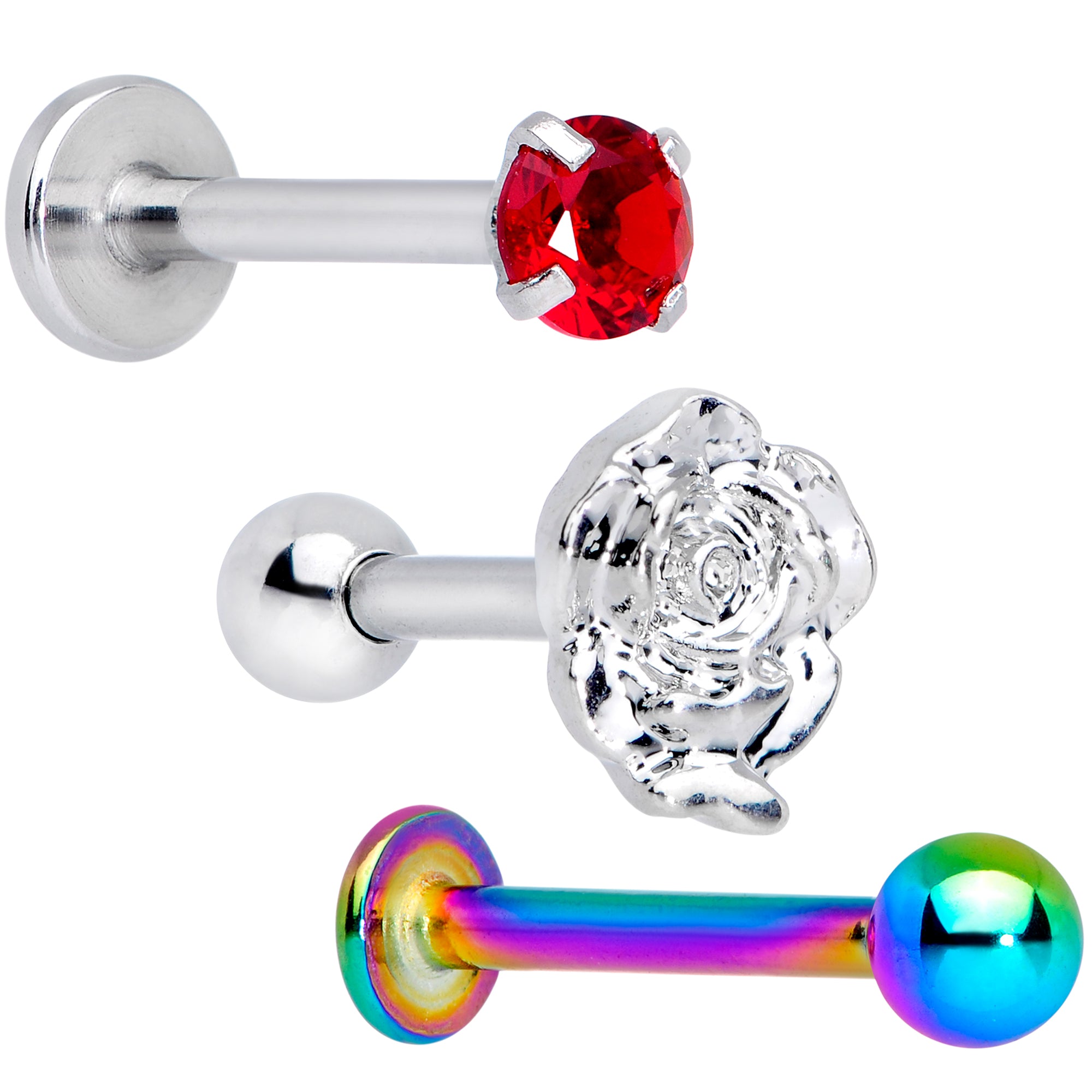 16 Gauge 1/4 Red Gem Rainbow Flower Labret Monroe Tragus Set of 3