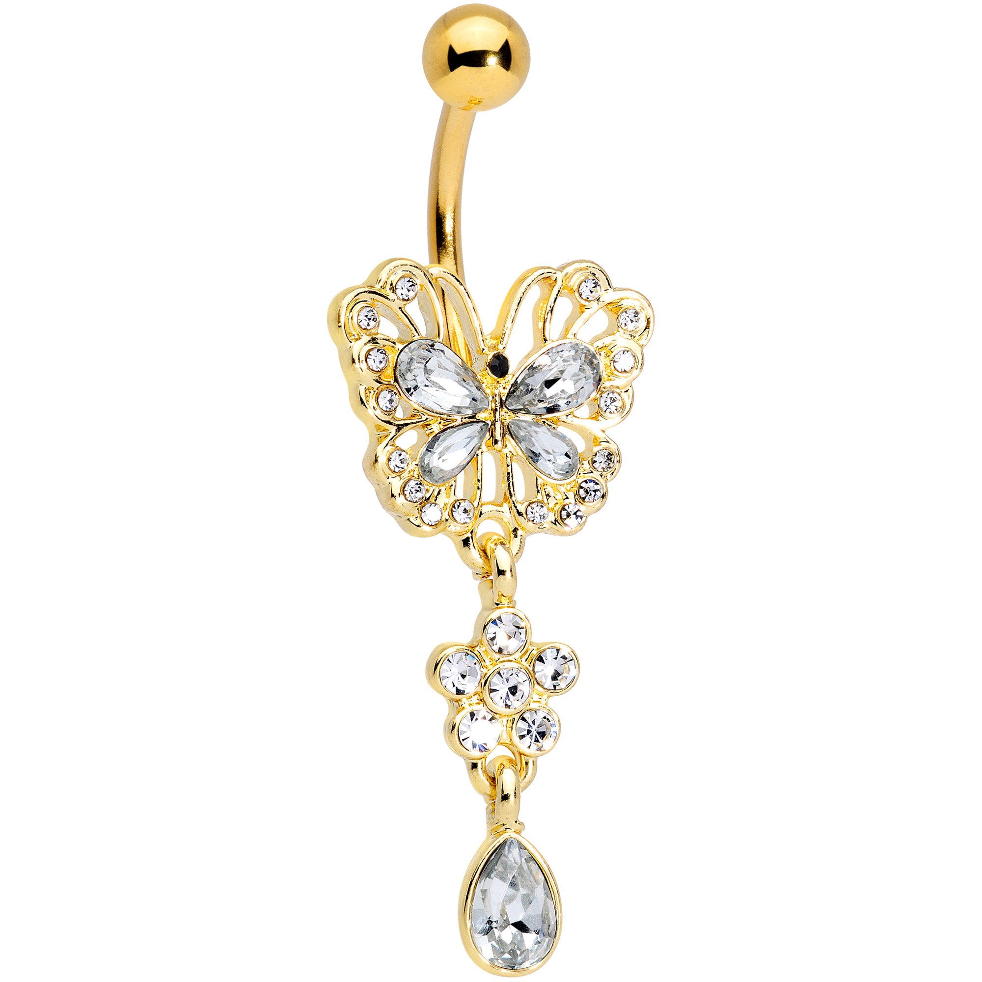 Clear Gem Gold Tone Lacy Butterfly Flower Dangle Belly Ring