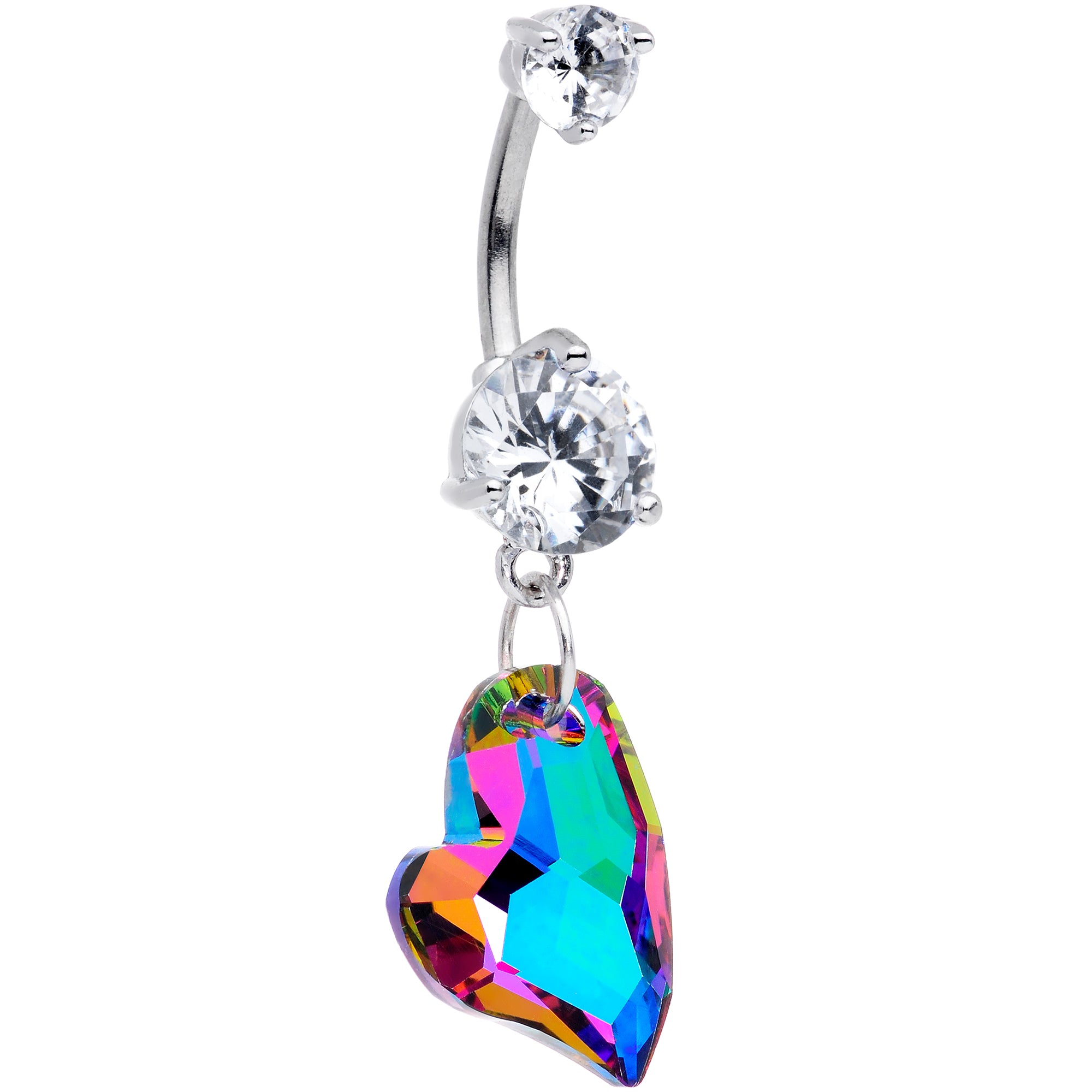 Clear Vitrail Gem Stylized Heart Dangle Belly Ring