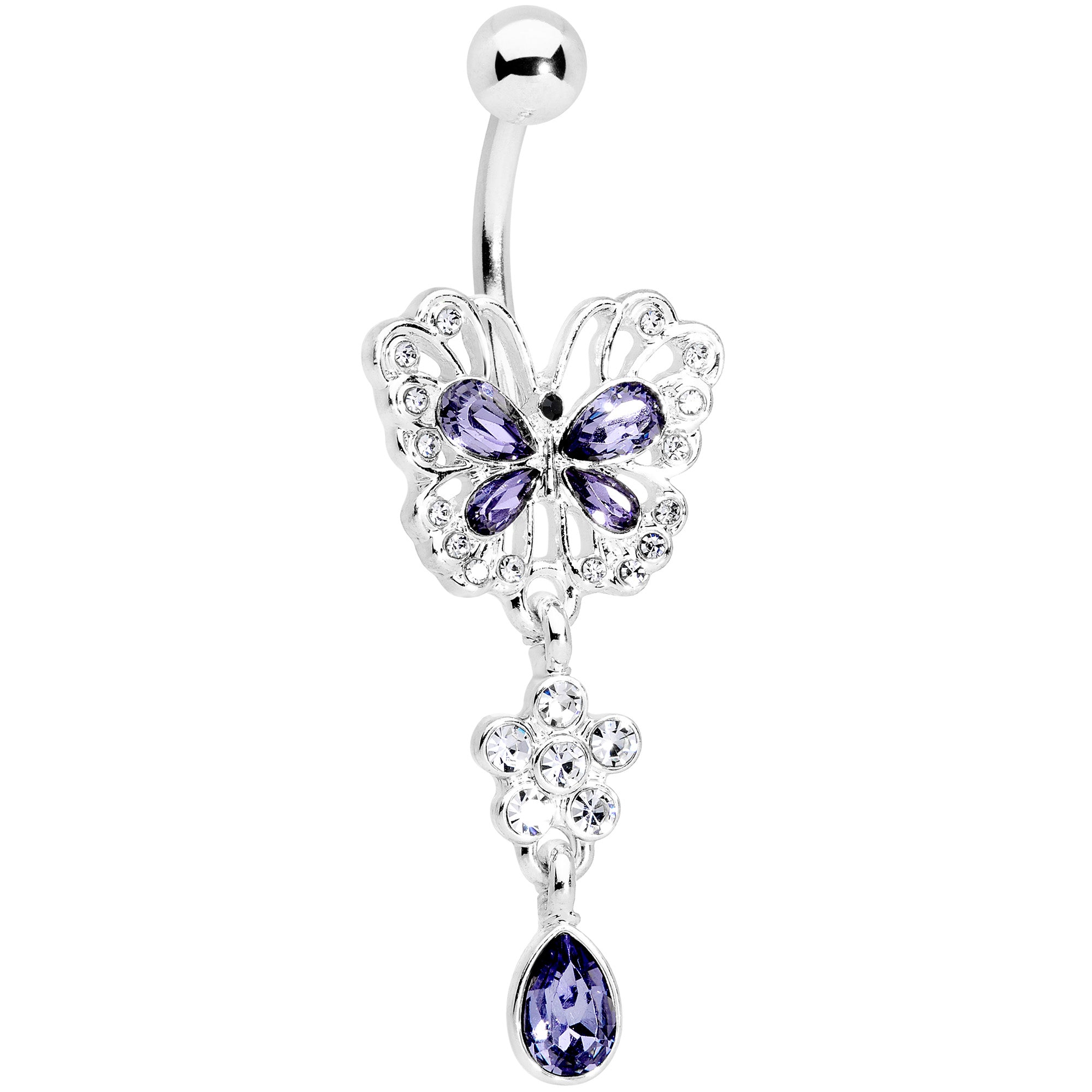 Clear Purple Gem Lacy Butterfly Flower Drop Dangle Belly Ring