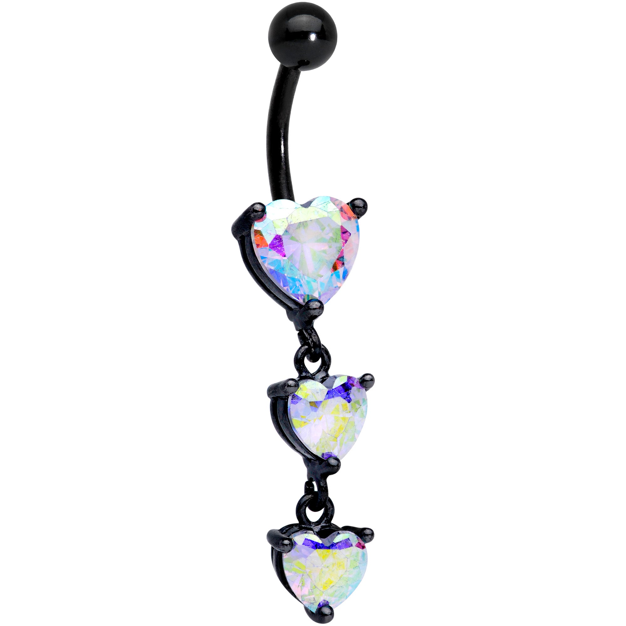 Aurora CZ Gem Black Triple Heart Dangle Belly Ring