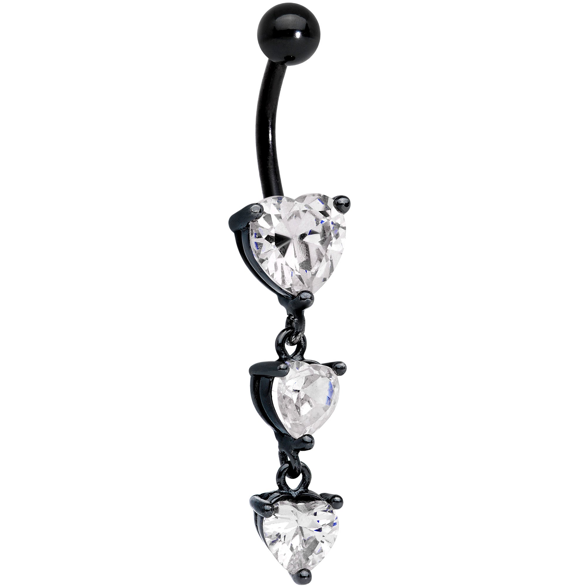 Clear CZ Gem Black Triple Heart Dangle Belly Ring