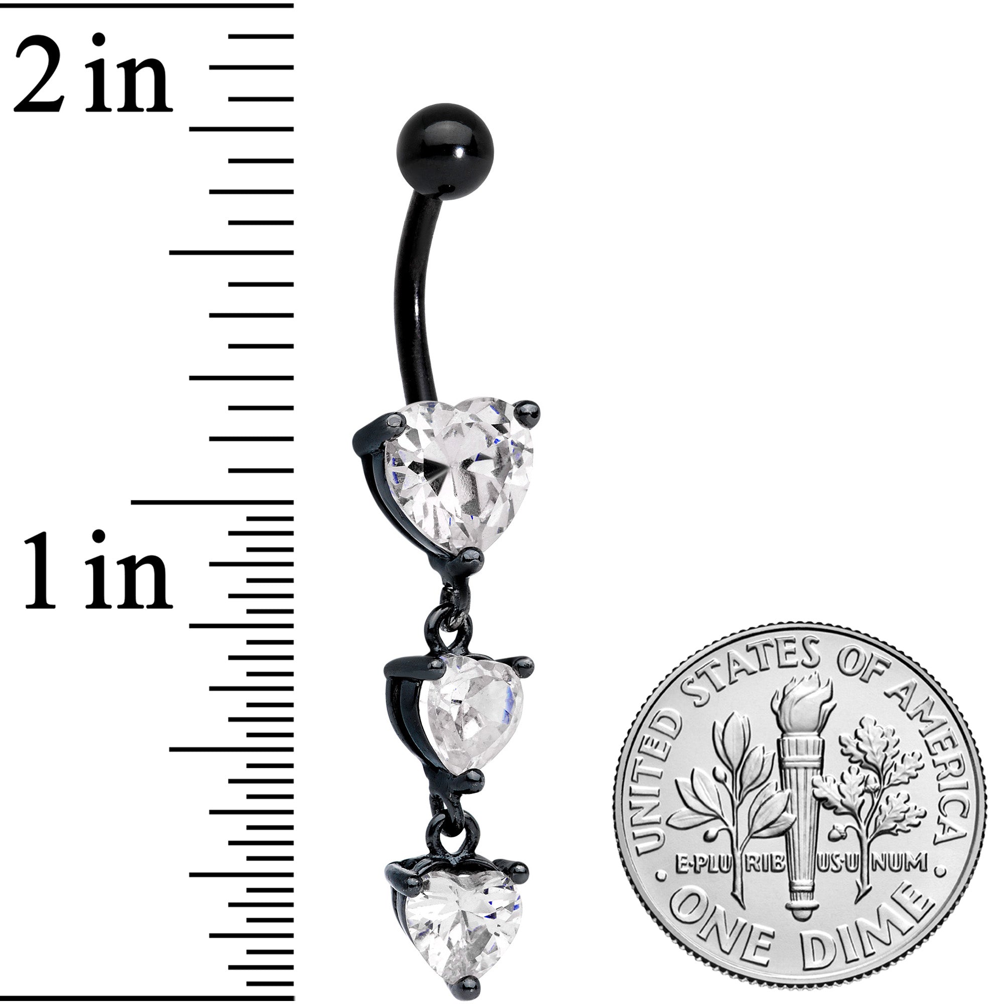 Clear CZ Gem Black Triple Heart Dangle Belly Ring