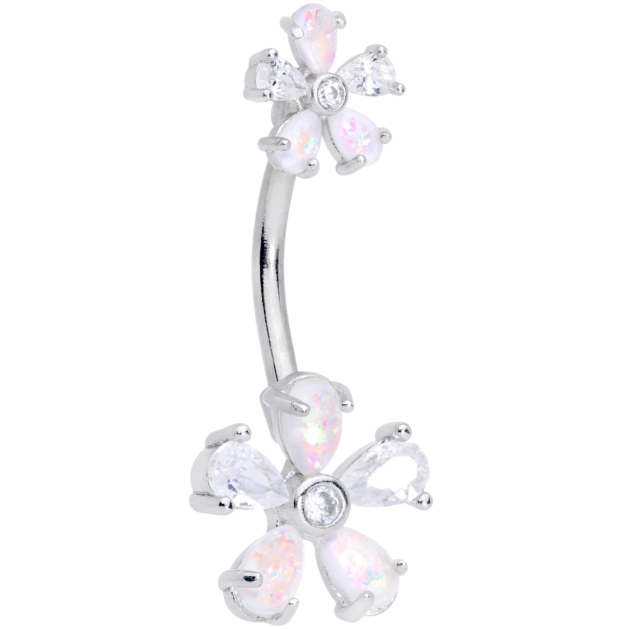 White Faux Opal Five Petal Flower Double Mount Belly Ring