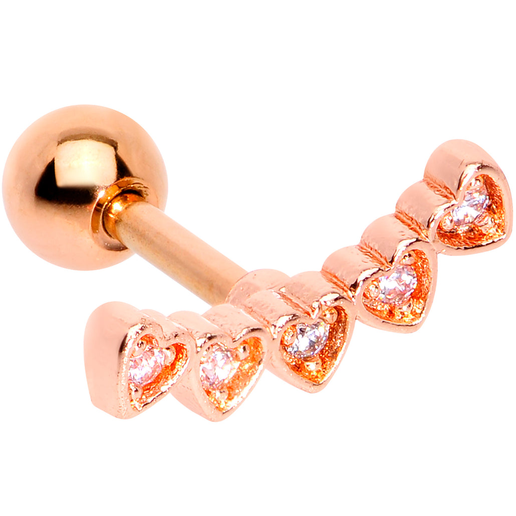 16 Gauge 1/4 Clear CZ Gem Rose Gold Tone Five Heart Cartilage Tragus