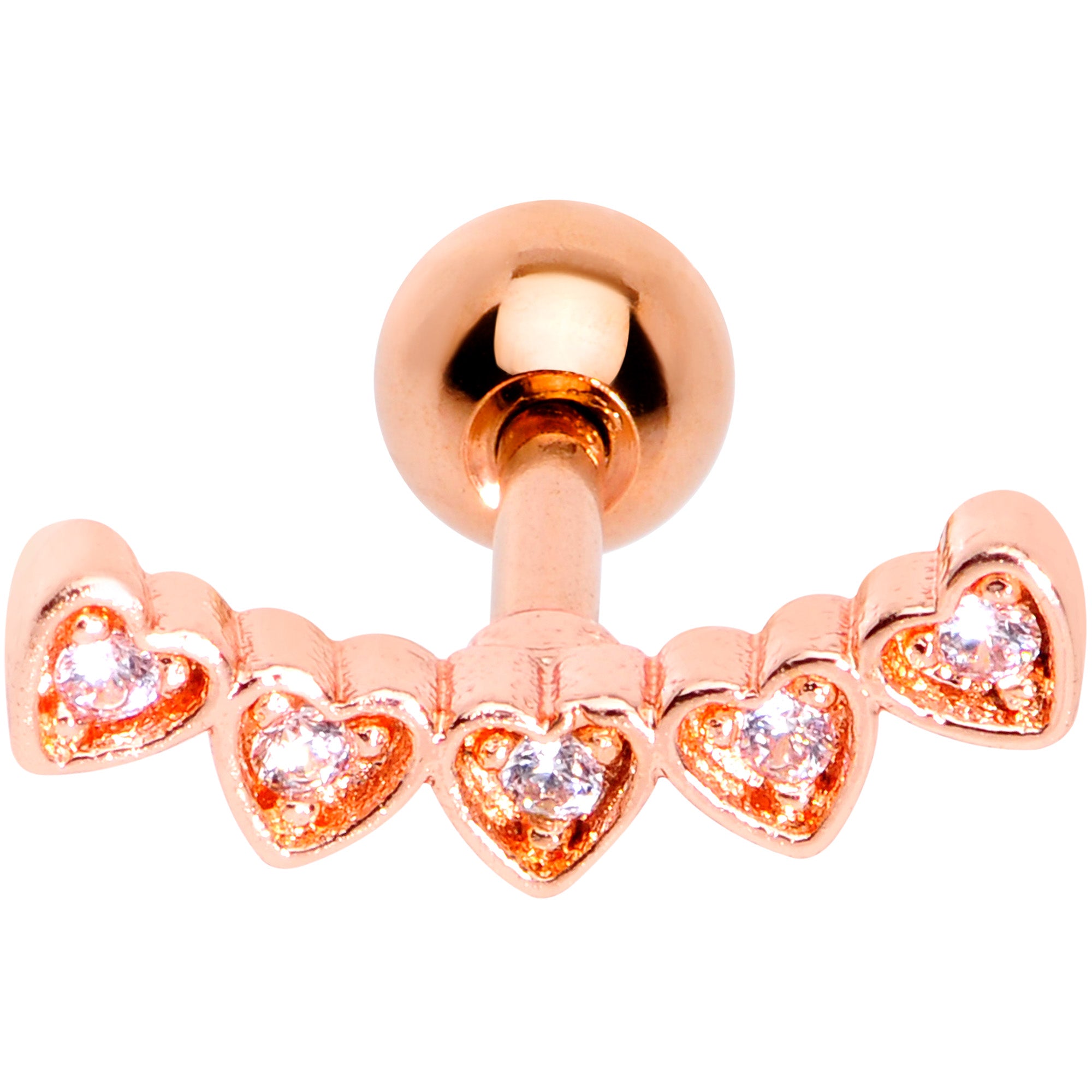 16 Gauge 1/4 Clear CZ Gem Rose Gold Tone Five Heart Cartilage Tragus