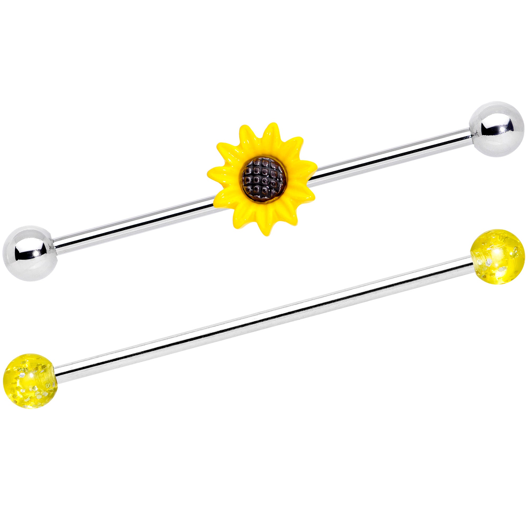 14 Gauge Yellow UV Glow Sunflower Industrial Barbell Set of 2 38mm