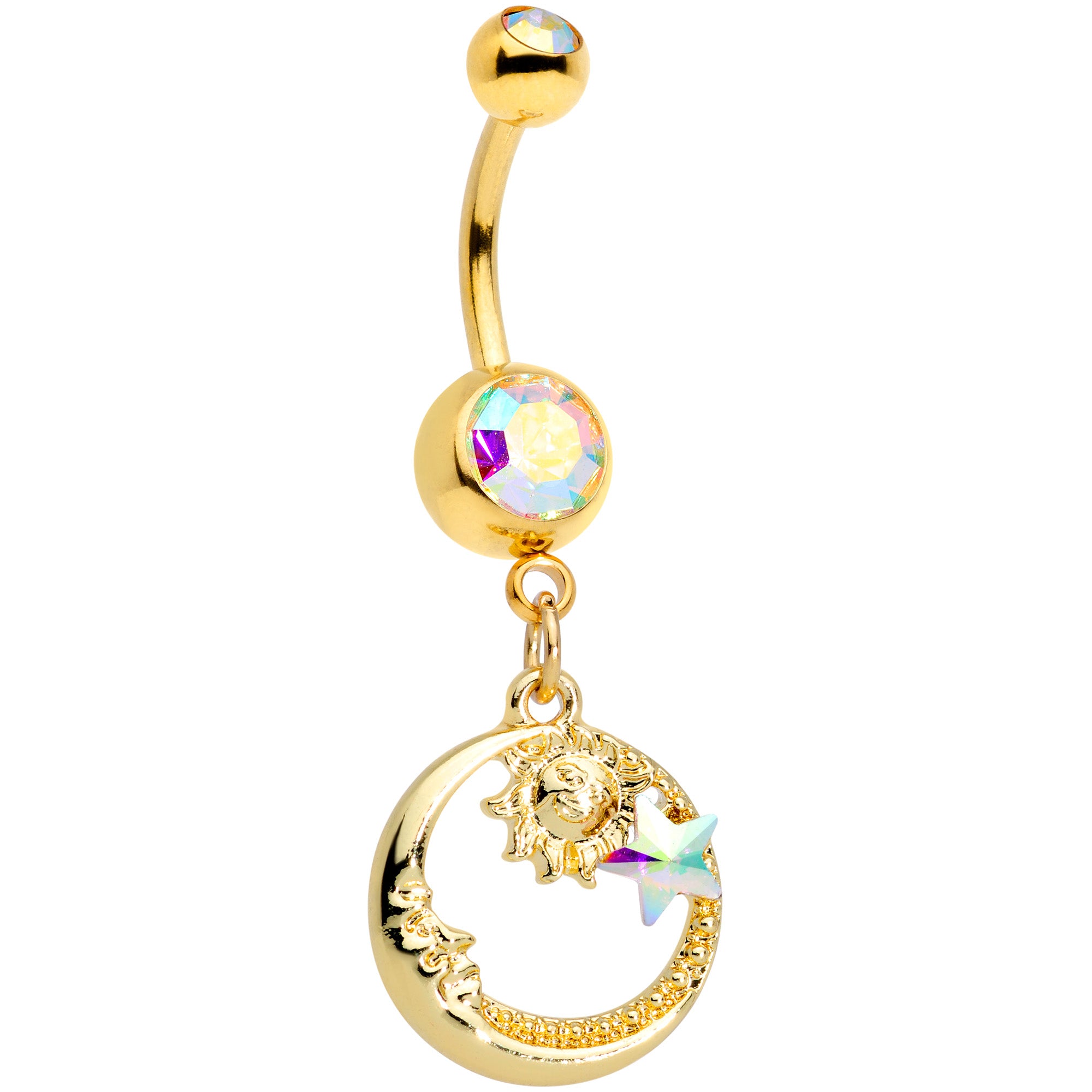 Aurora Gem Gold Tone Sun Moon Star Dangle Belly Ring