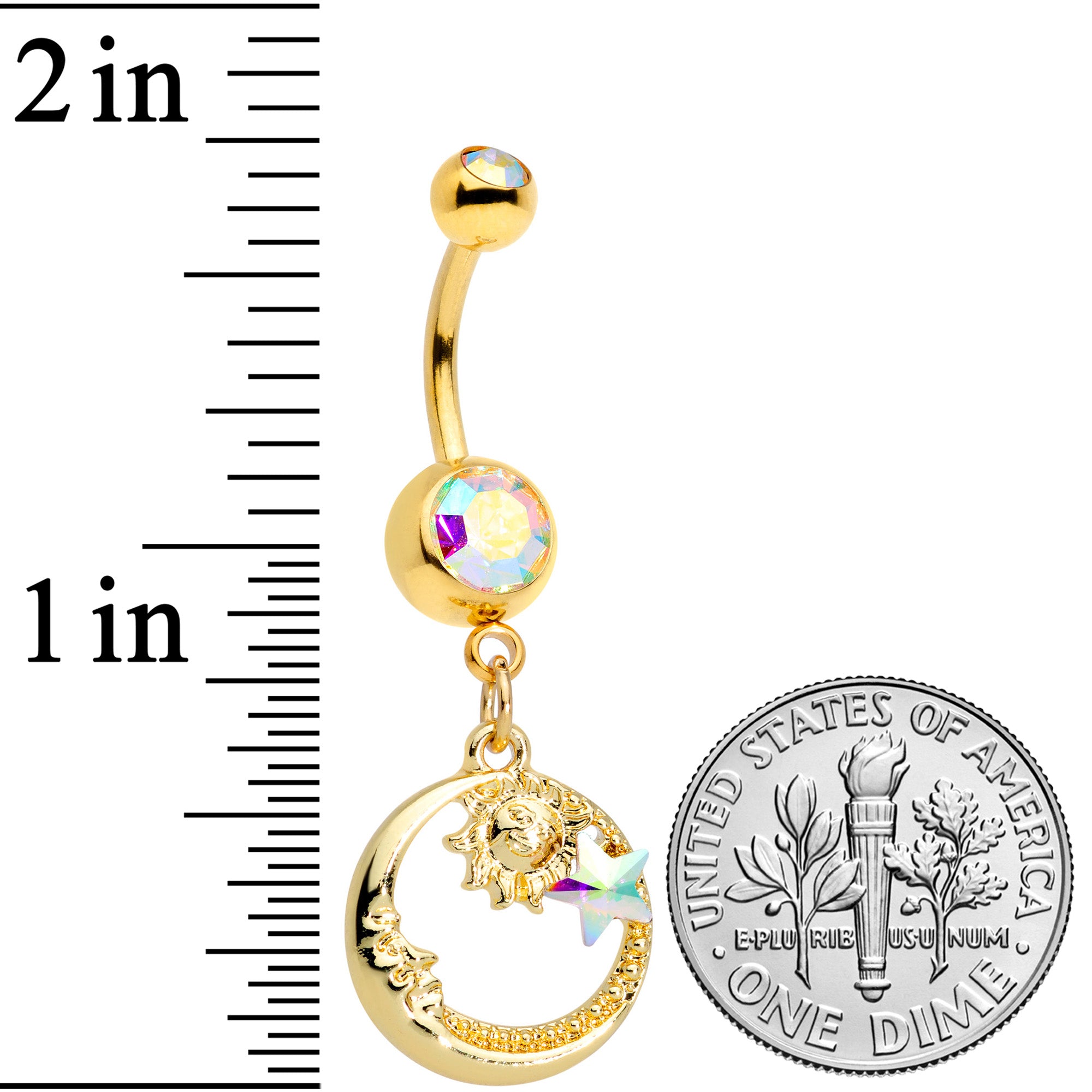 Aurora Gem Gold Tone Sun Moon Star Dangle Belly Ring