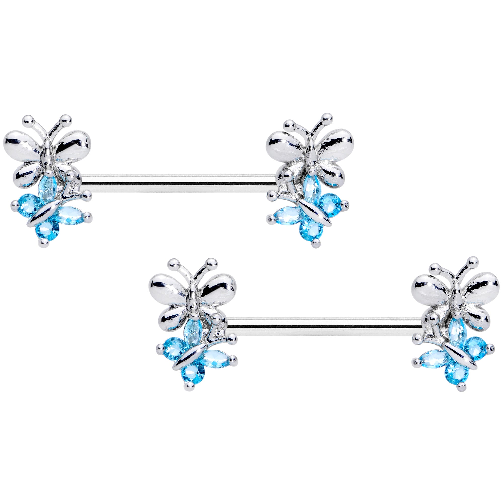 14 Gauge 5/8 Aqua CZ Gem Butterfly Barbell Nipple Set