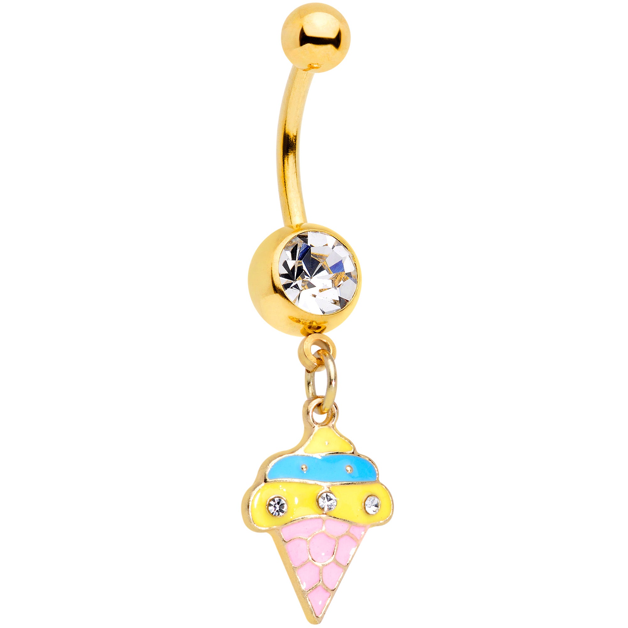 Clear Gem Gold Tone Pink Blue Ice Cream Cone Dangle Belly Ring