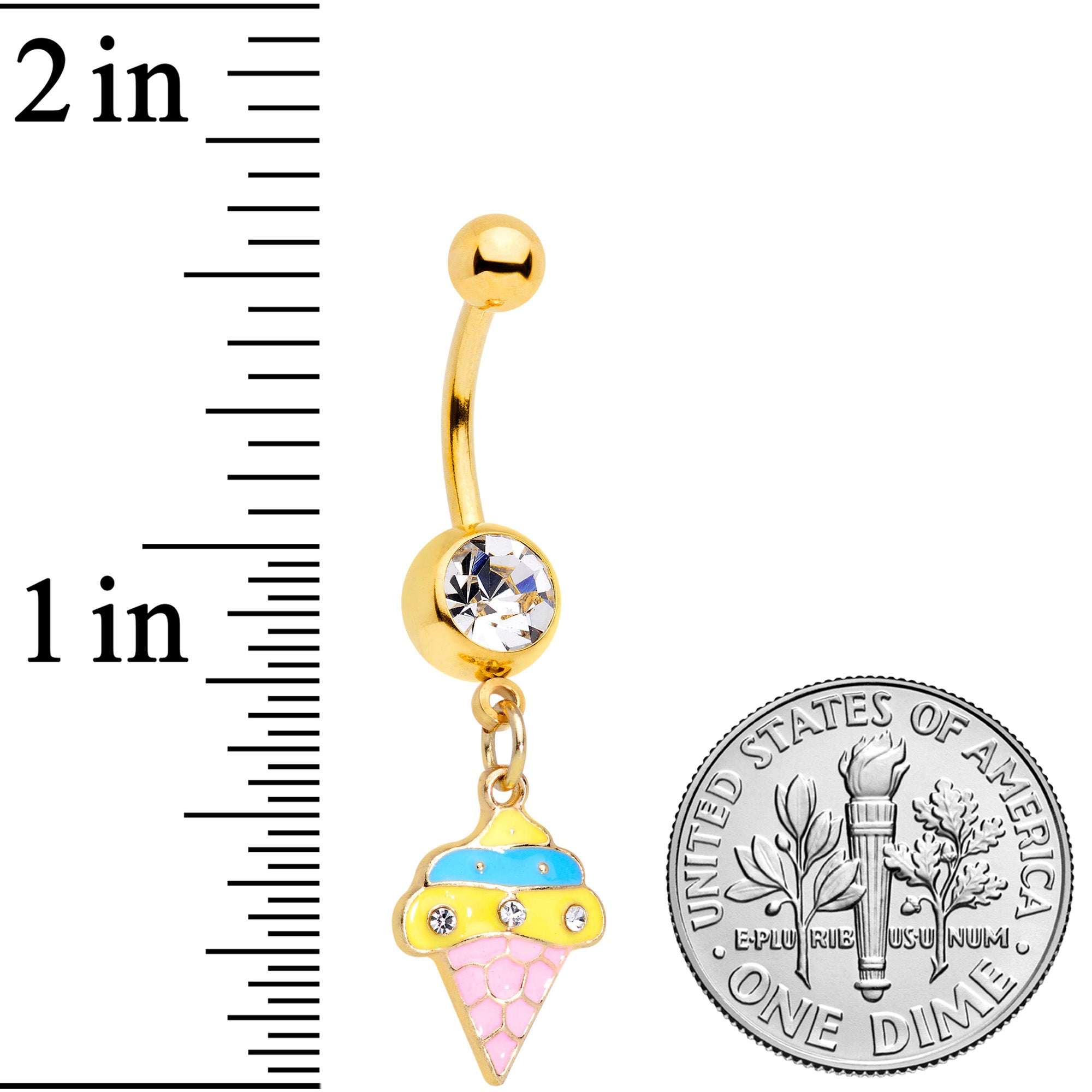 Clear Gem Gold Tone Pink Blue Ice Cream Cone Dangle Belly Ring