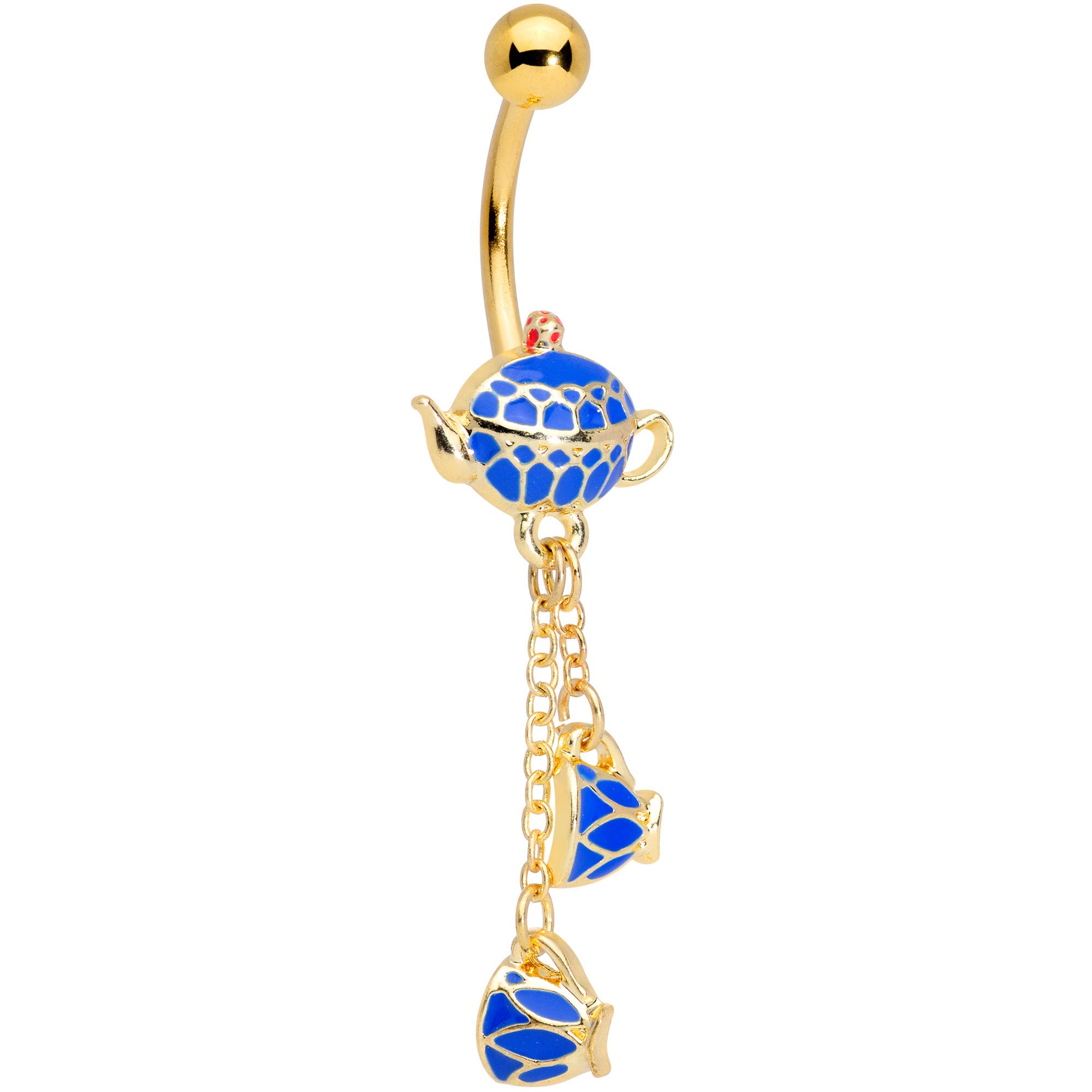 Gold Tone Blue Teacups Teapot Dangle Belly Ring