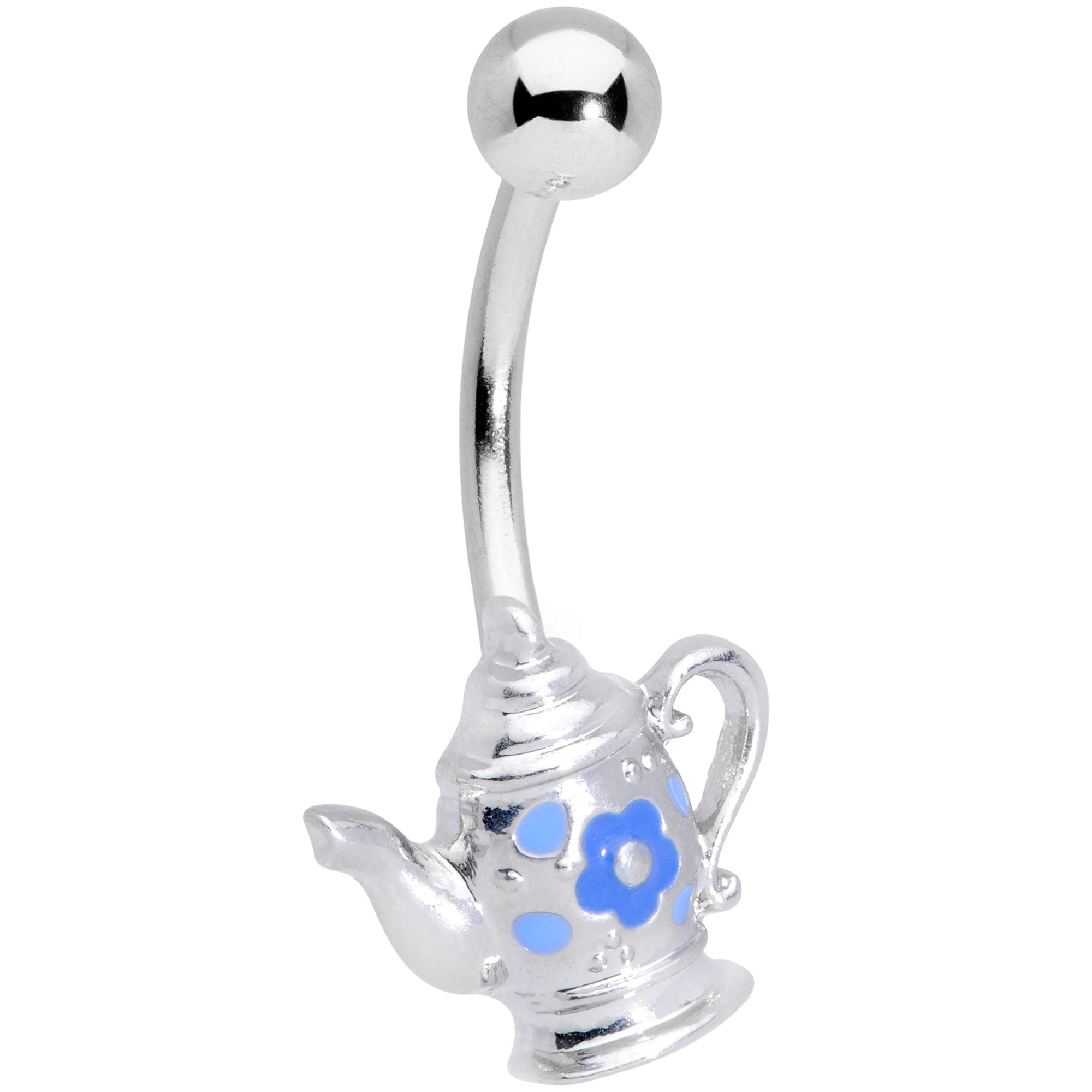 Blue Flower Tea Time Coffee Pot Belly Ring