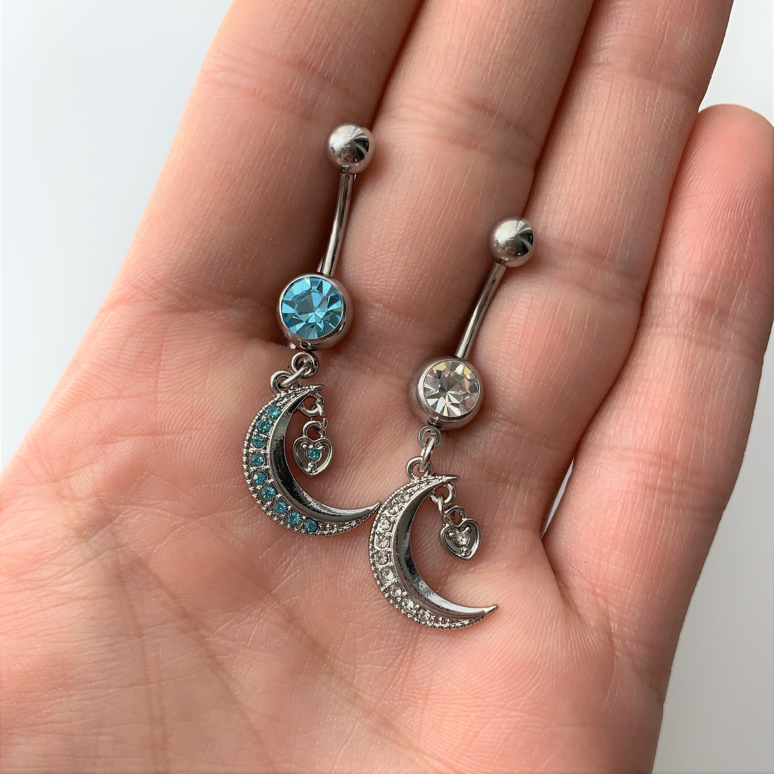 Aqua CZ Gem Heart Padlock Crescent Moon Dangle Belly Ring