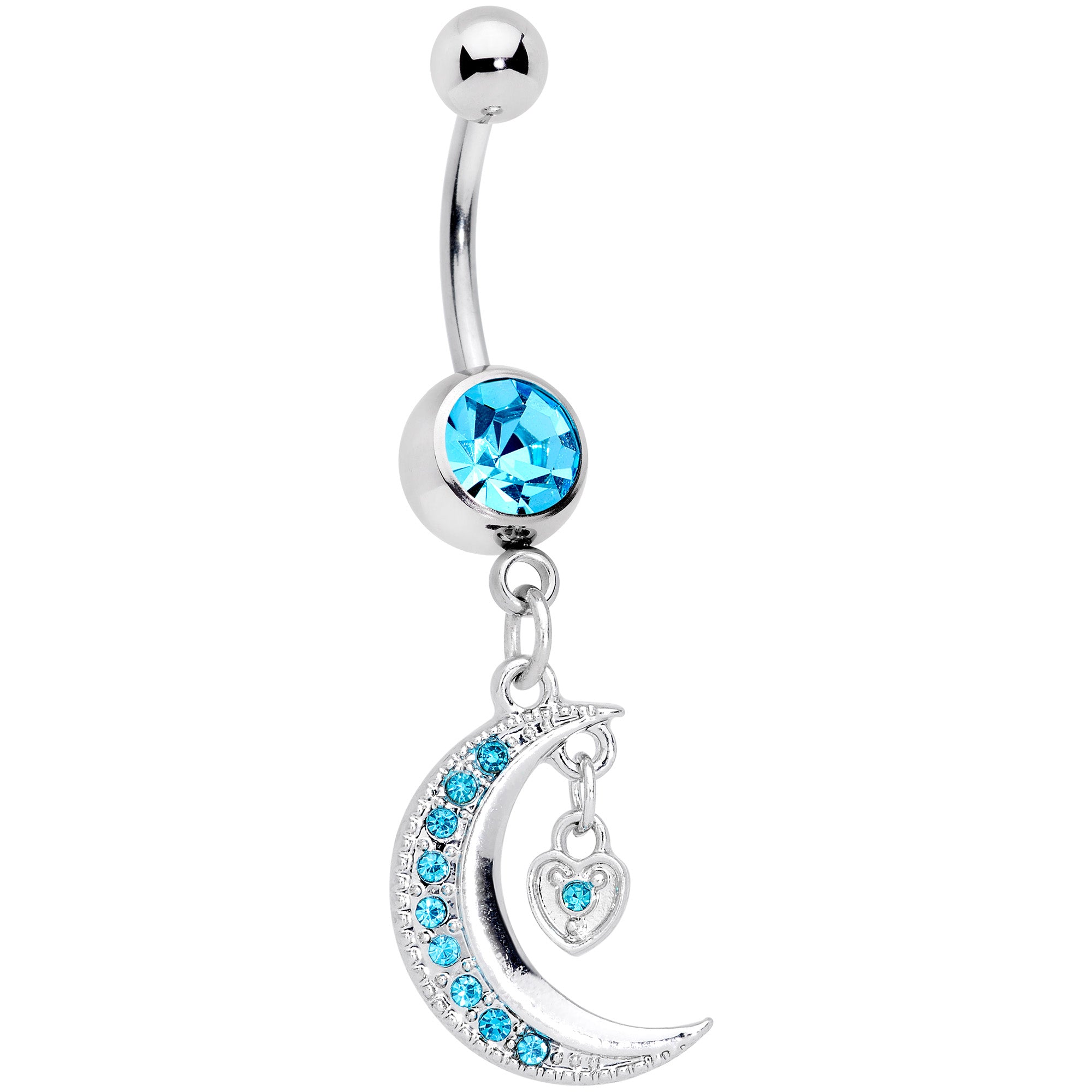 Aqua CZ Gem Heart Padlock Crescent Moon Dangle Belly Ring