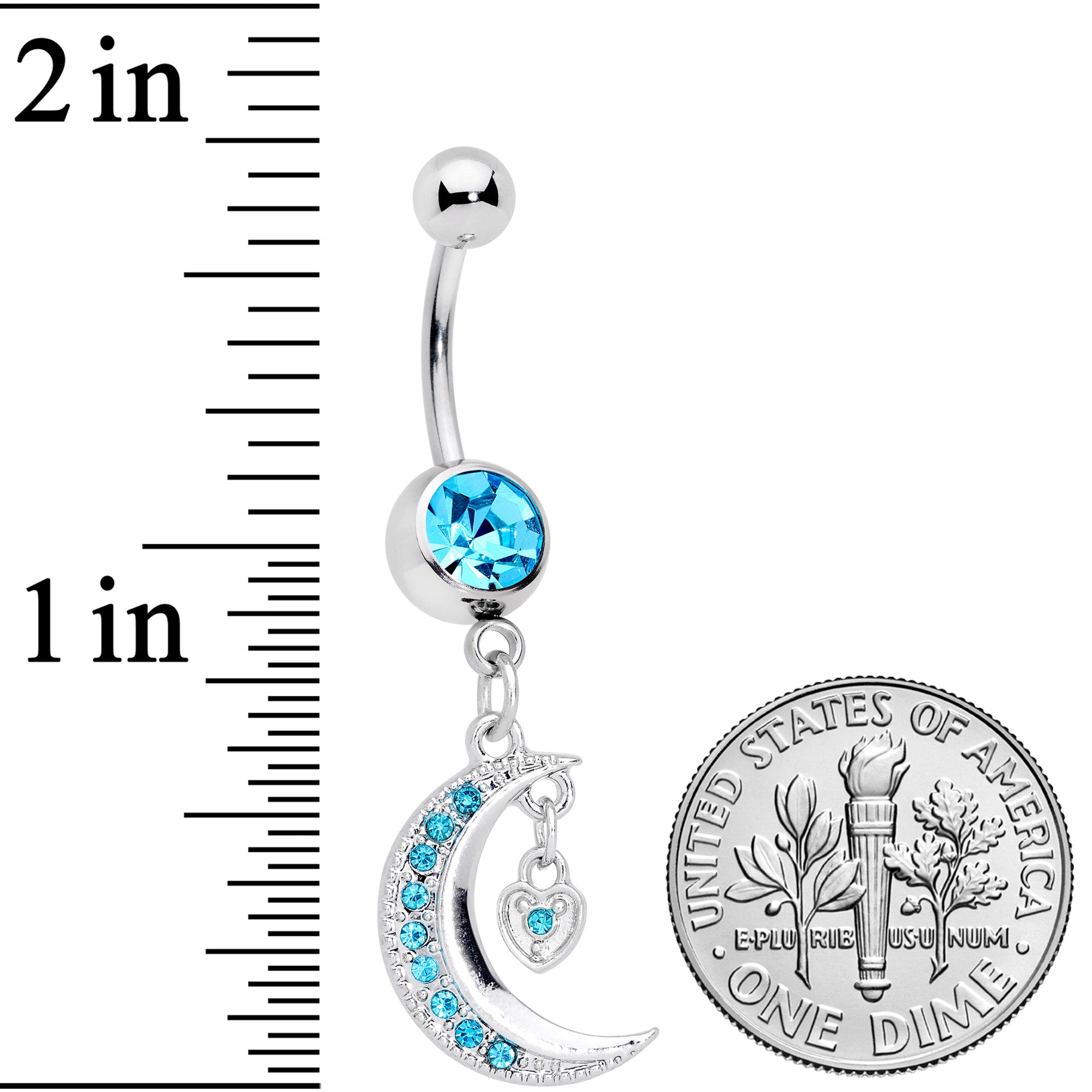 Aqua CZ Gem Heart Padlock Crescent Moon Dangle Belly Ring