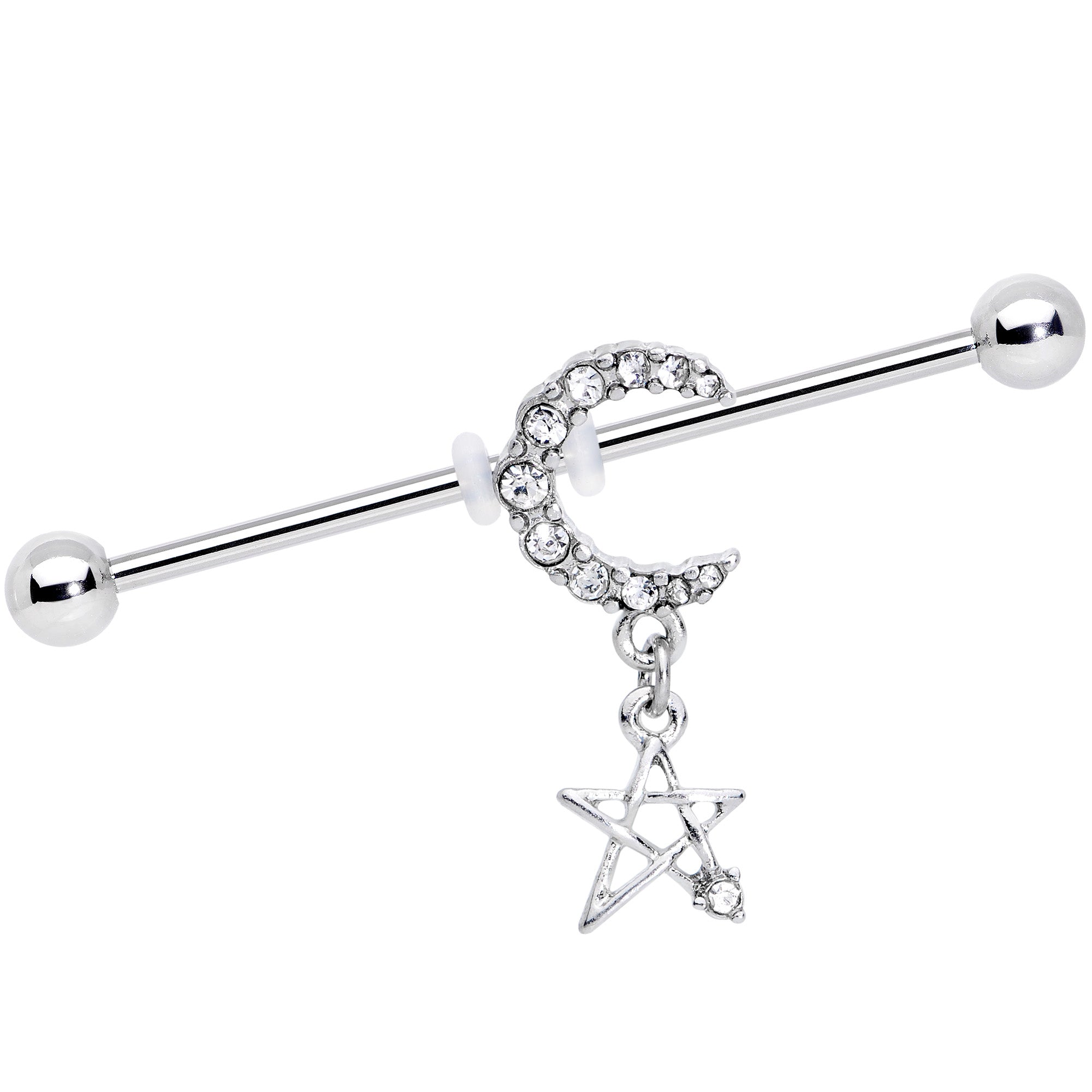 14 Gauge Clear Gem Moon Star Dangle Industrial Barbell 38mm