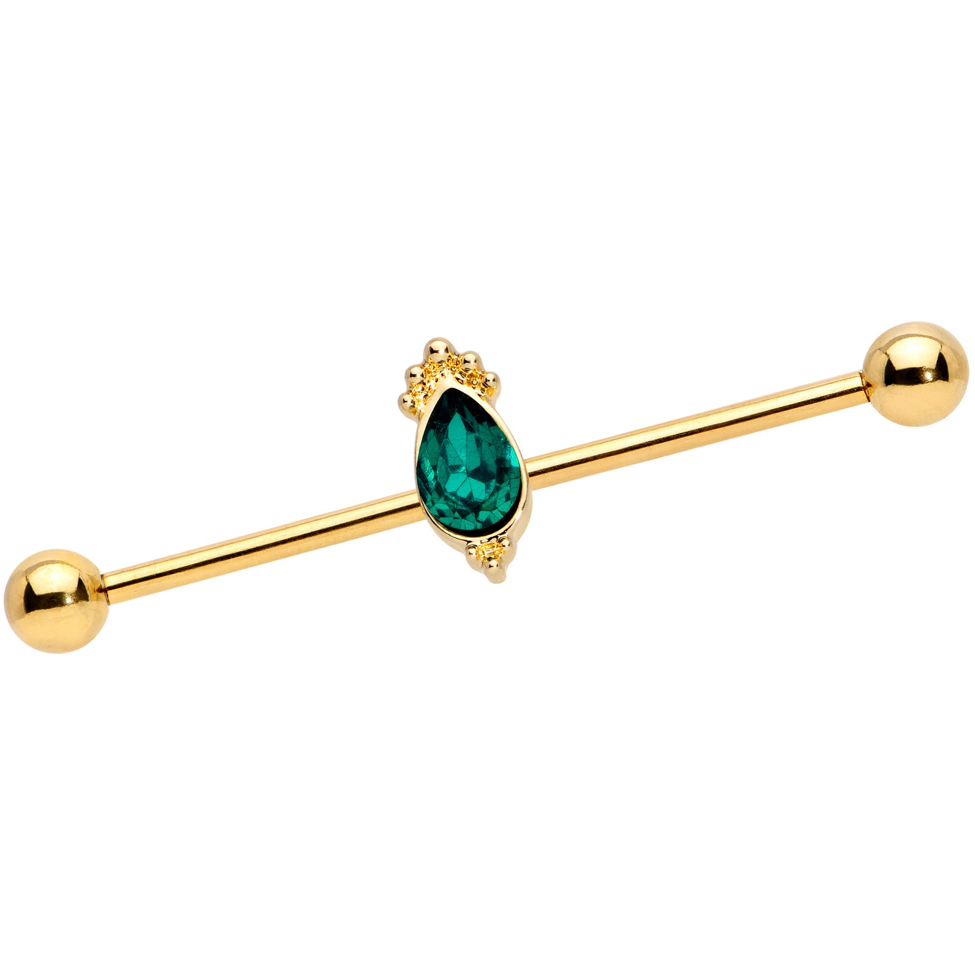 14 Gauge Green Gem Gold Tone Regal Drop Industrial Barbell 38mm