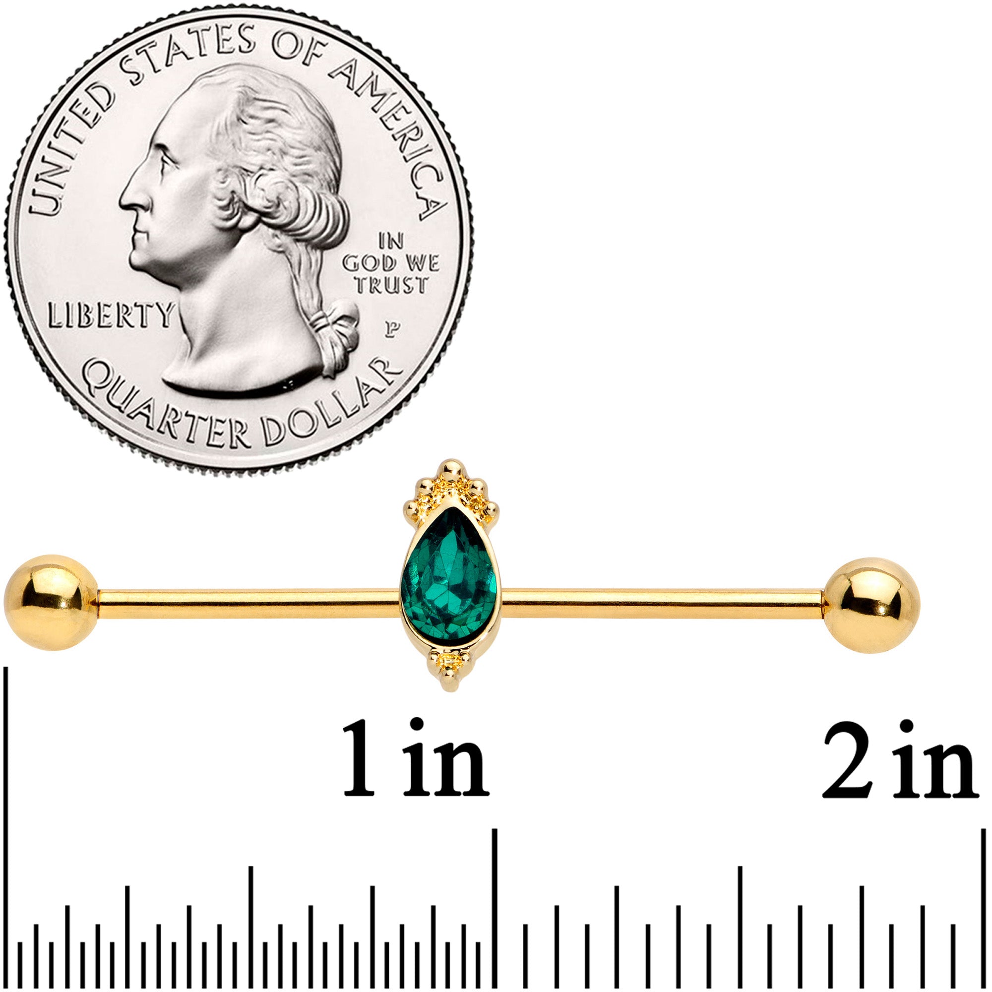 14 Gauge Green Gem Gold Tone Regal Drop Industrial Barbell 38mm