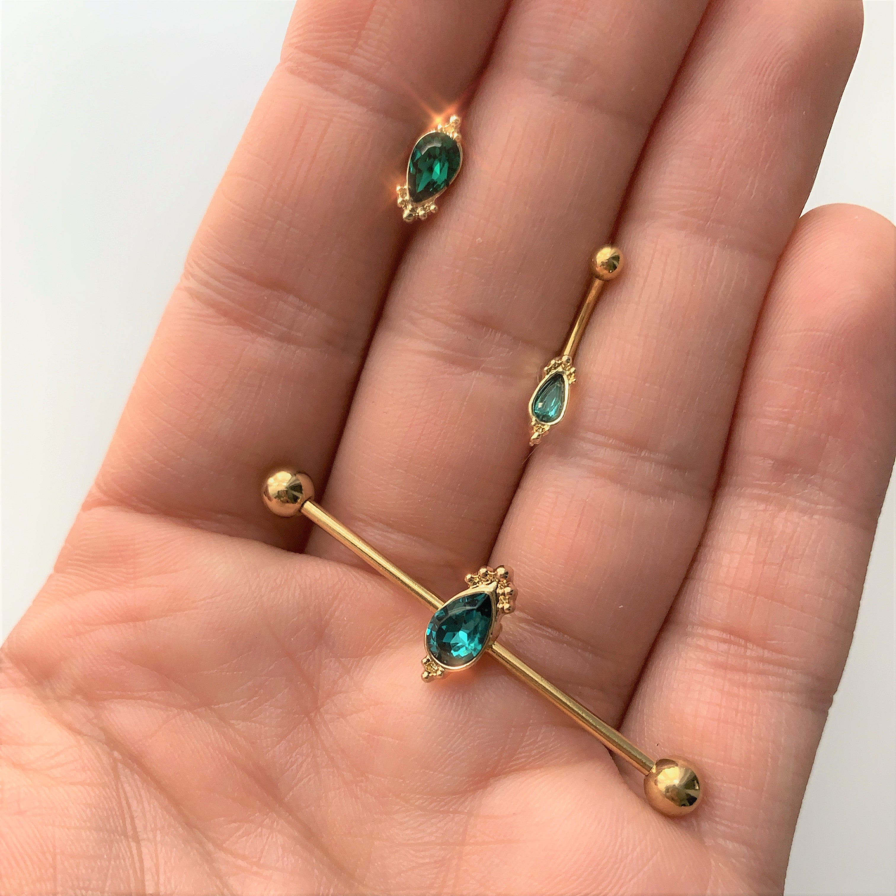 14 Gauge Green Gem Gold Tone Regal Drop Industrial Barbell 38mm