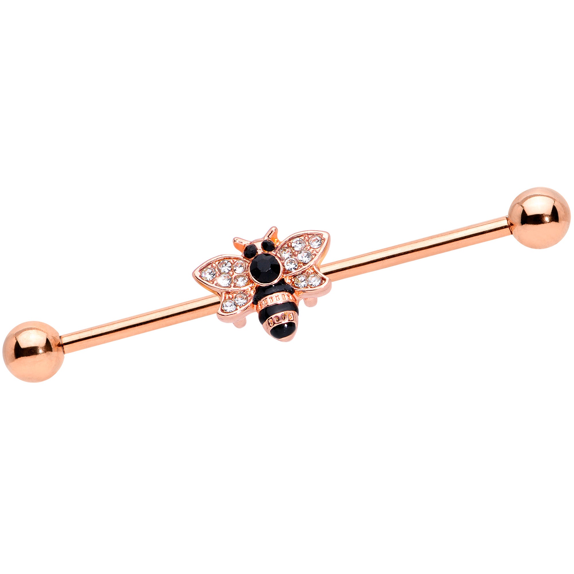 14 Gauge Clear Black Gem Rose Gold Tone Bee Industrial Barbell 38mm