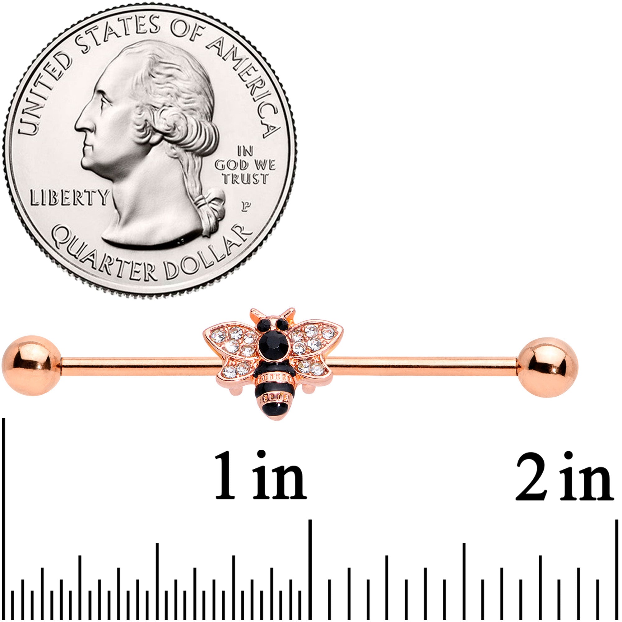 14 Gauge Clear Black Gem Rose Gold Tone Bee Industrial Barbell 38mm