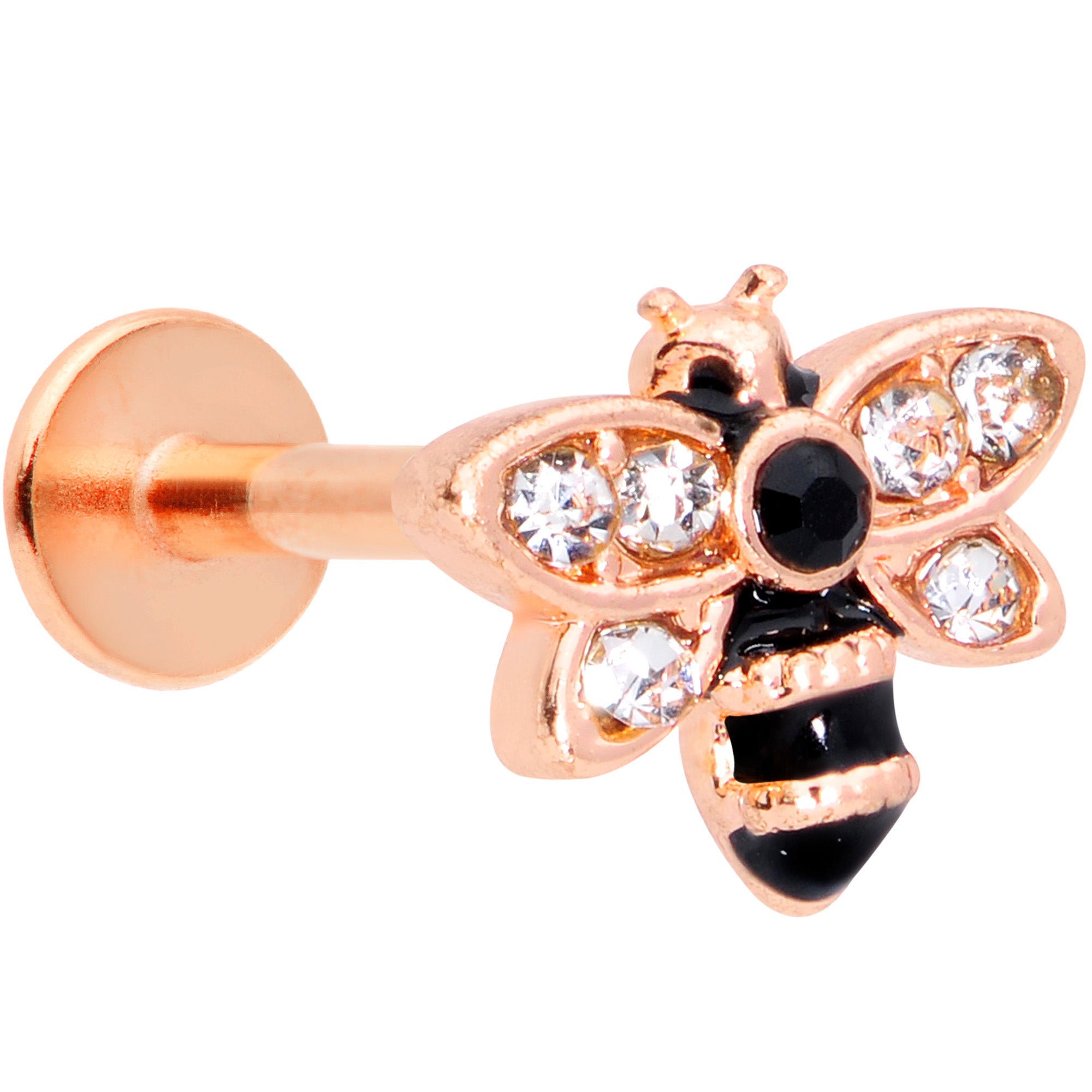 16 Gauge 5/16 Clear Black Gem Rose Gold Tone Bee Labret Monroe Tragus