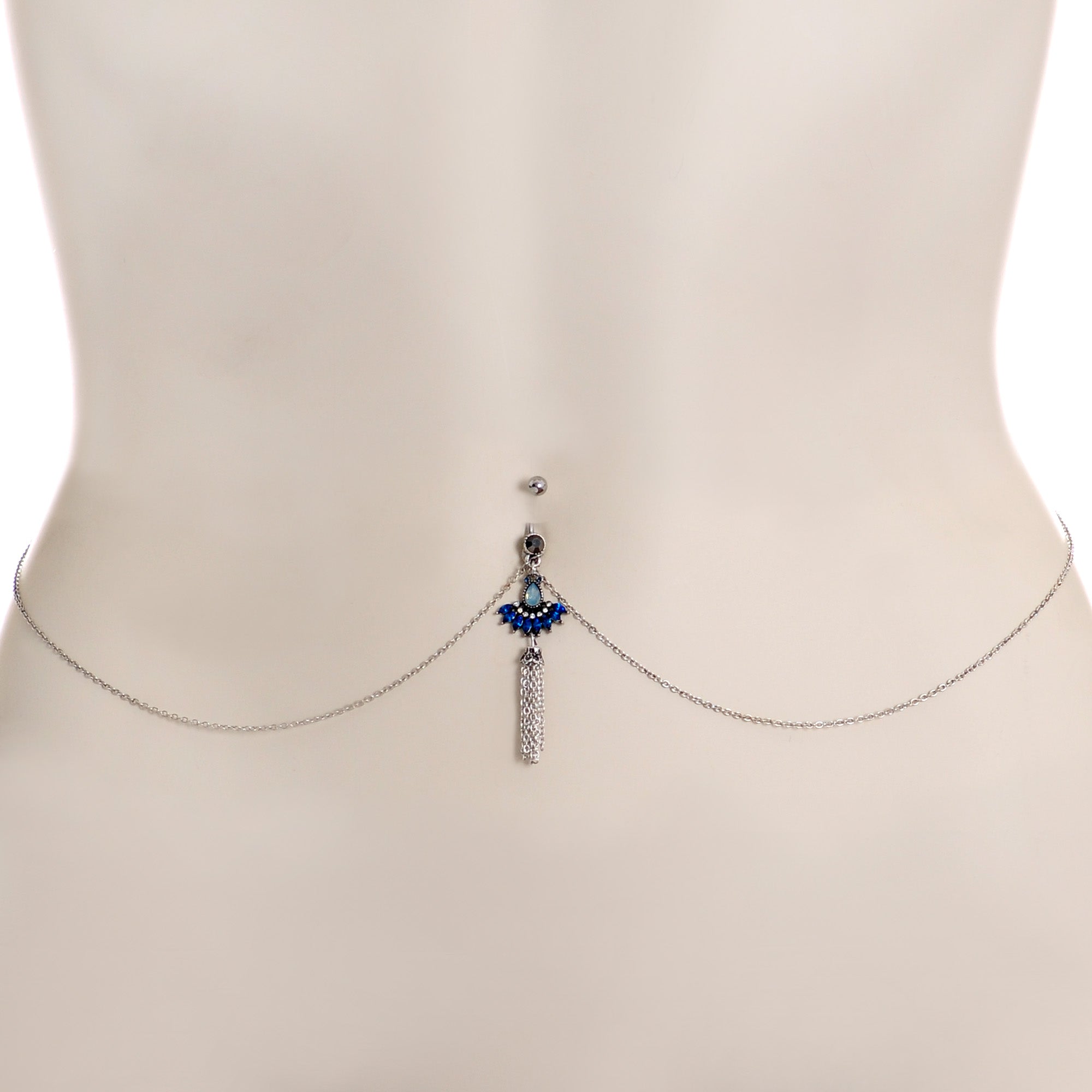 Clear Black Blue Gem Tropic Fan Dangle Belly Ring Belly Chain