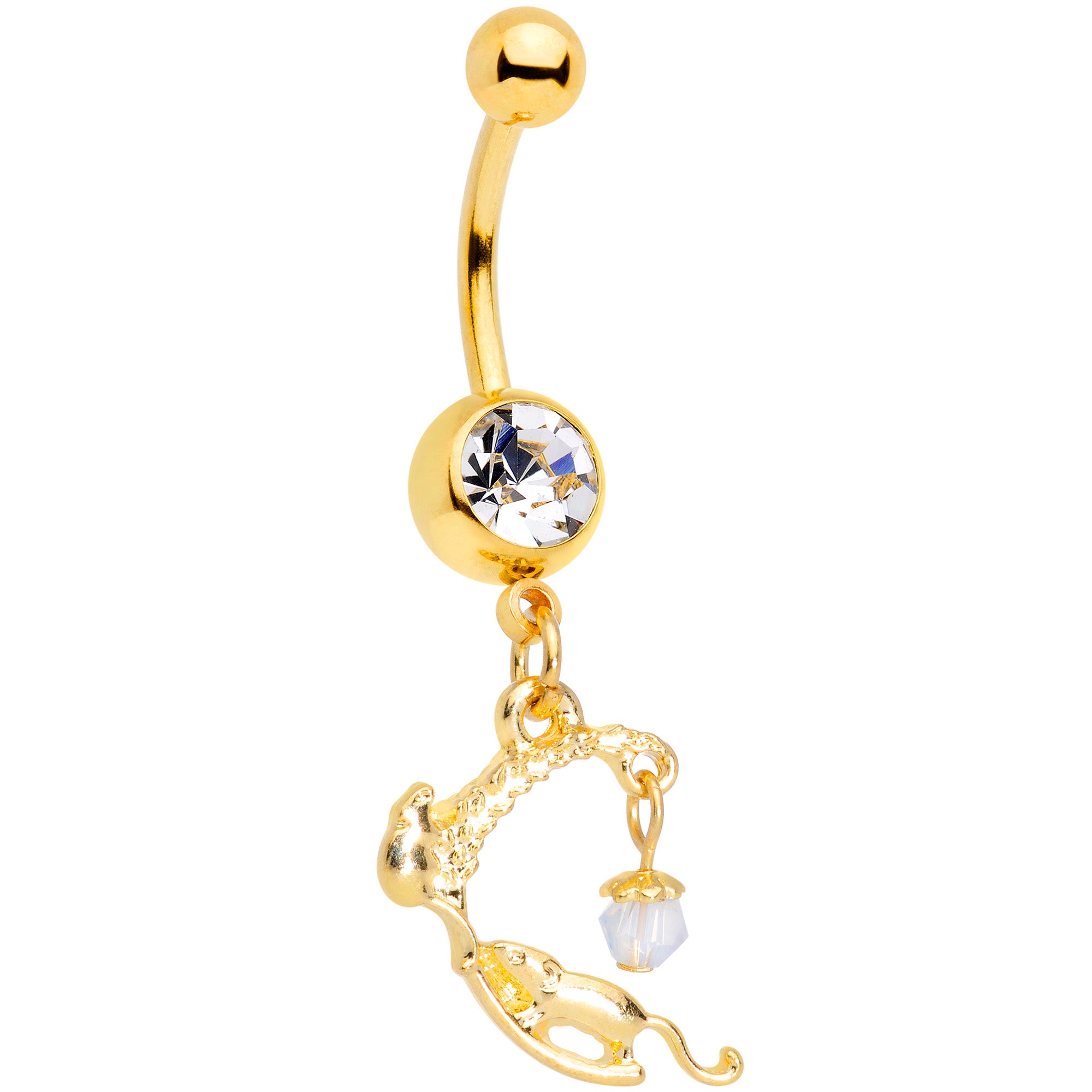 Clear Gem Gold Tone Wheat Mice Dangle Belly Ring