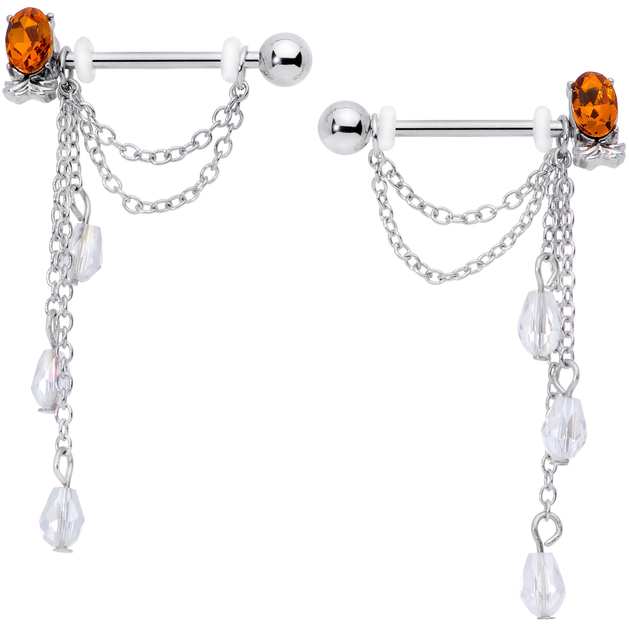 14 Gauge 9/16 Clear Orange Gem Pineapple Dangle Nipple Ring Set