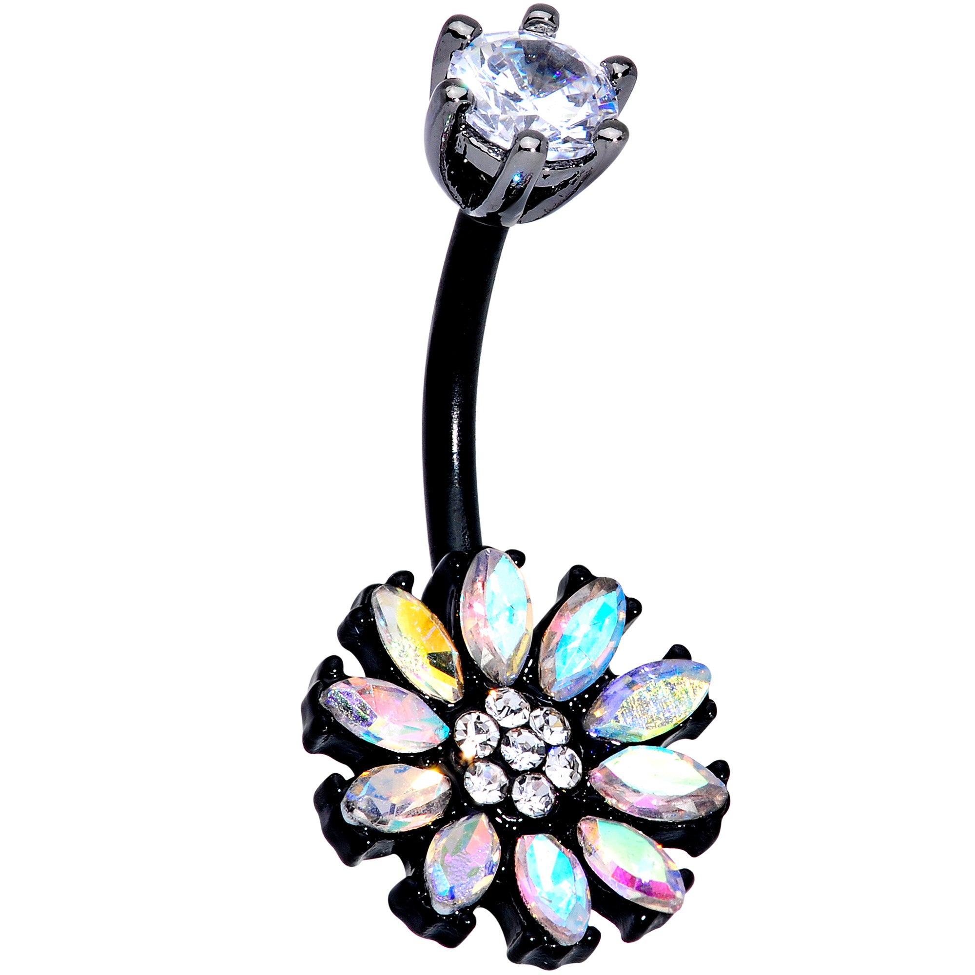 Clear Aurora CZ Gem Black Plated Flower Belly Ring