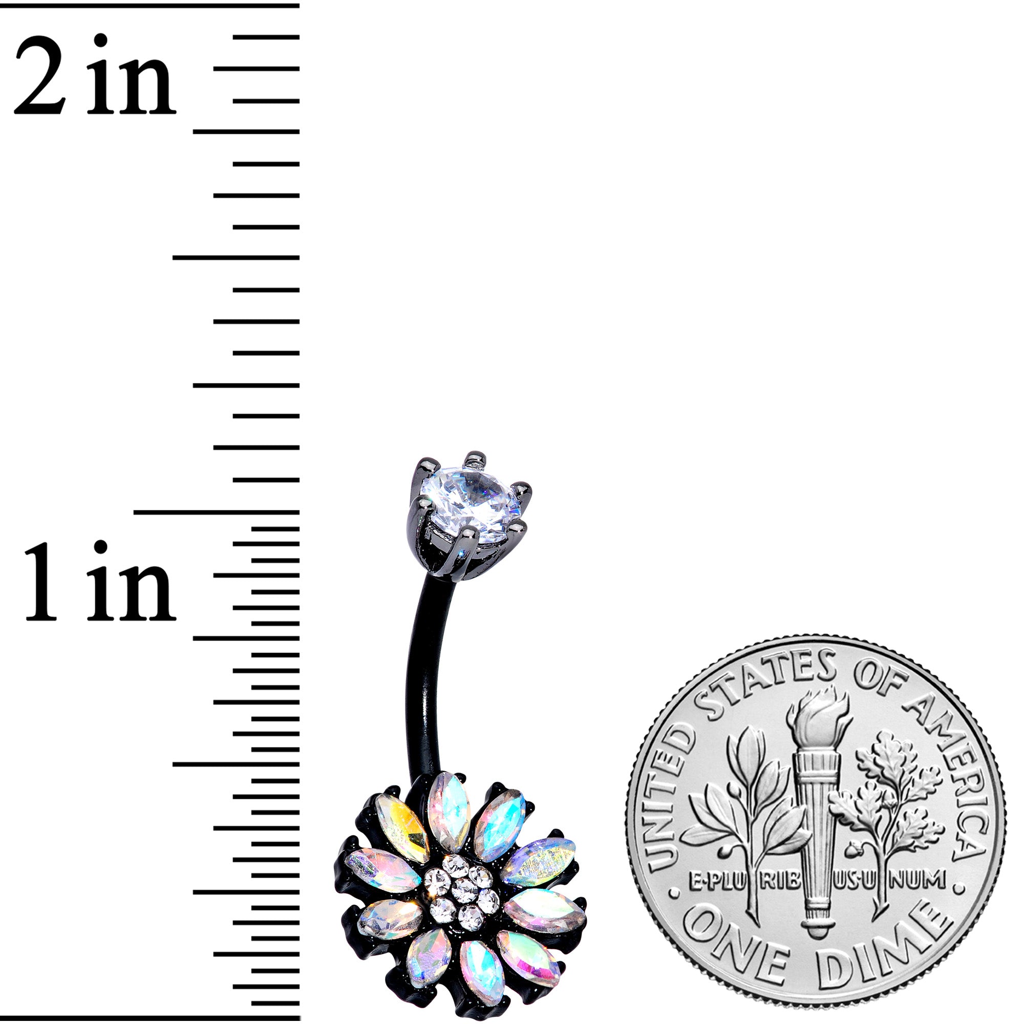 Clear Aurora CZ Gem Black Plated Flower Belly Ring