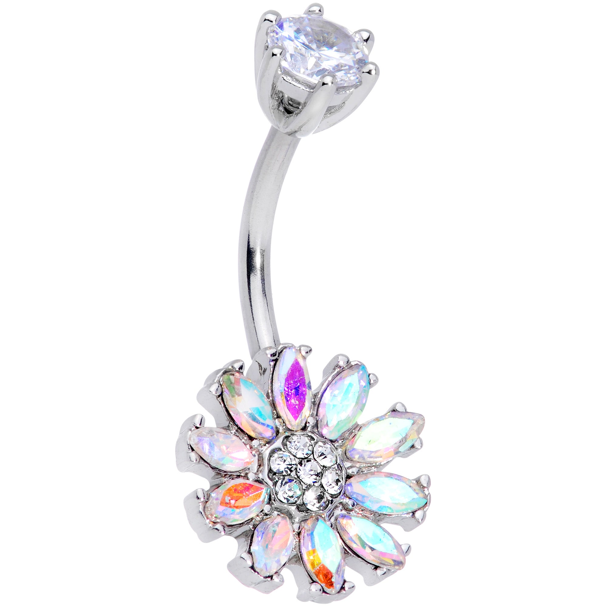 Clear Aurora CZ Gem Flower Belly Ring