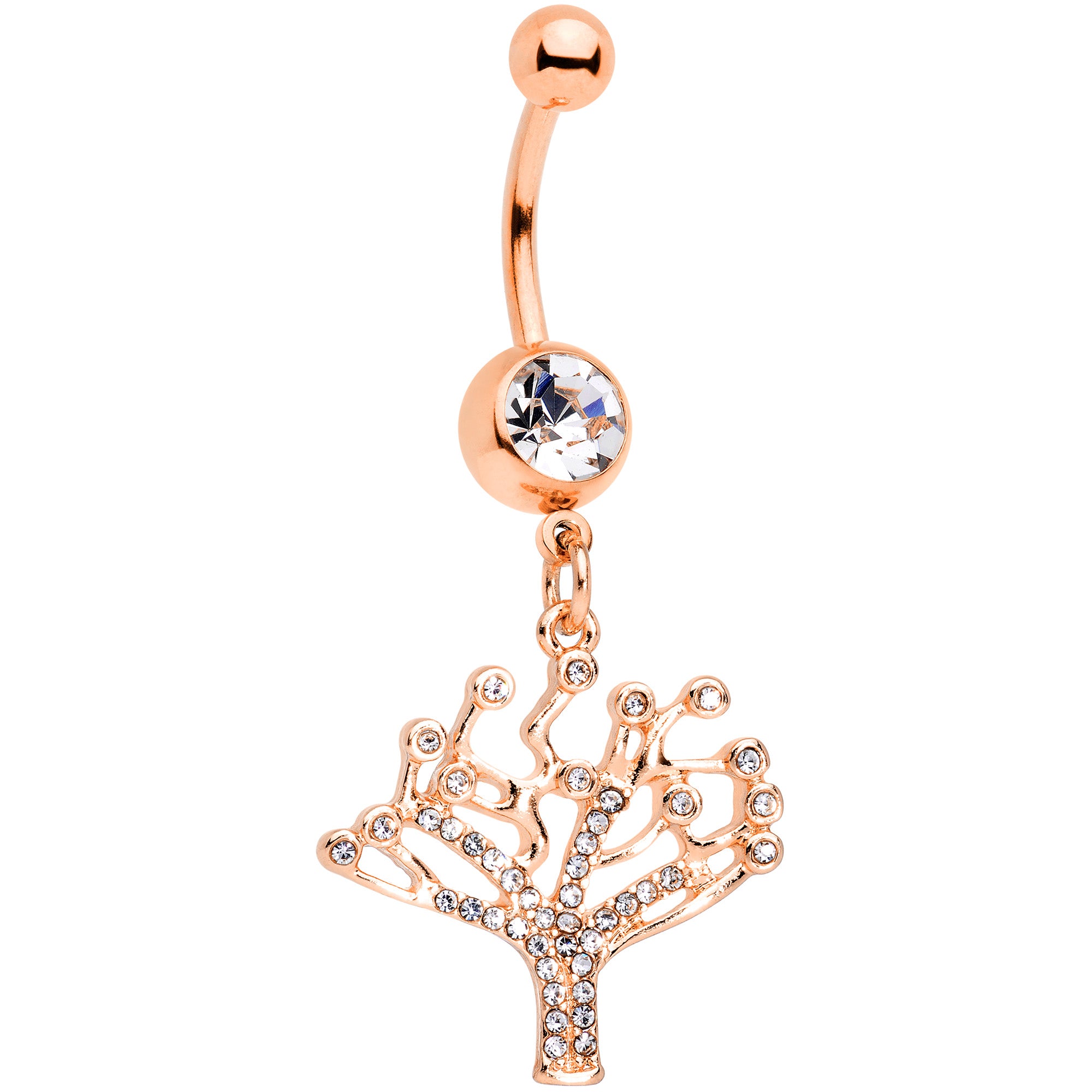 Clear CZ Gem Rose Gold Tone Angular Tree of Life Dangle Belly Ring