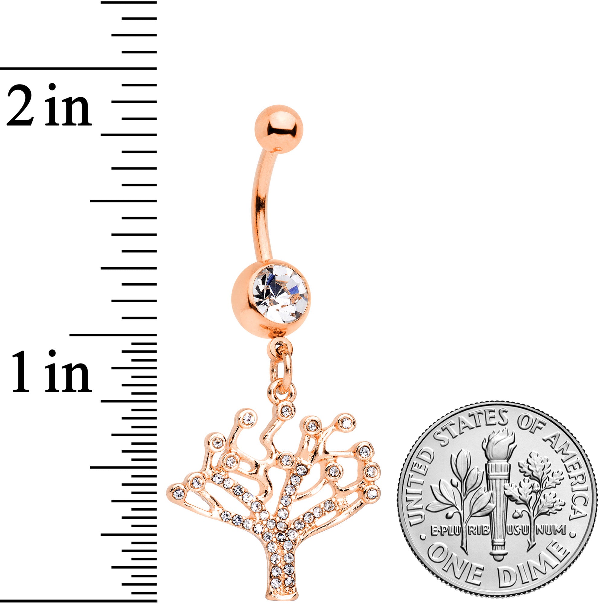 Clear CZ Gem Rose Gold Tone Angular Tree of Life Dangle Belly Ring